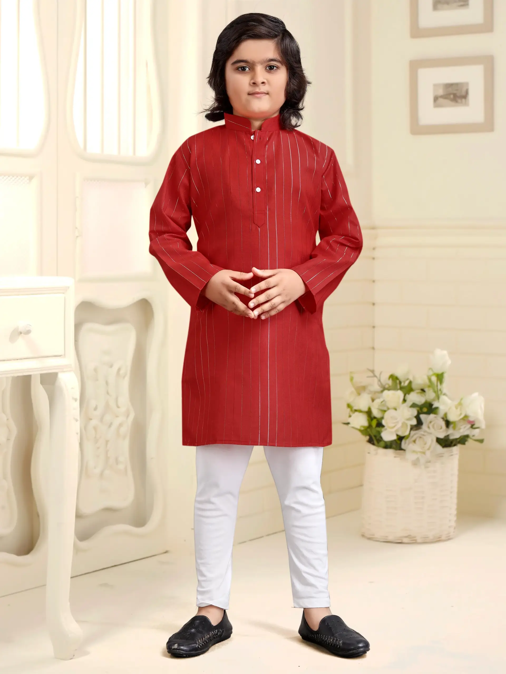 Red Pure Cotton Solid Kids Kurta With Pant