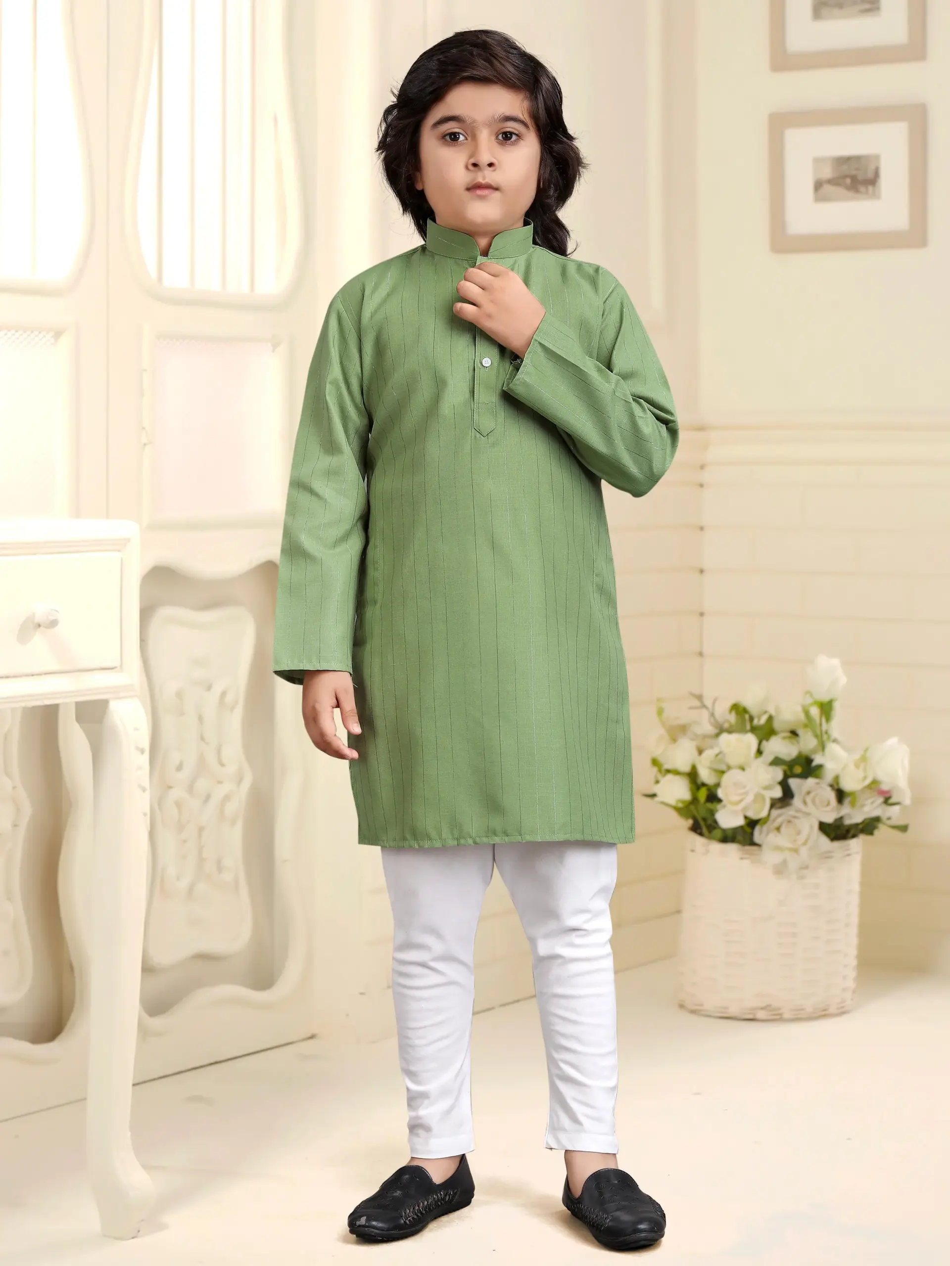 Mint Green Pure Cotton Solid Kids Kurta With Pant
