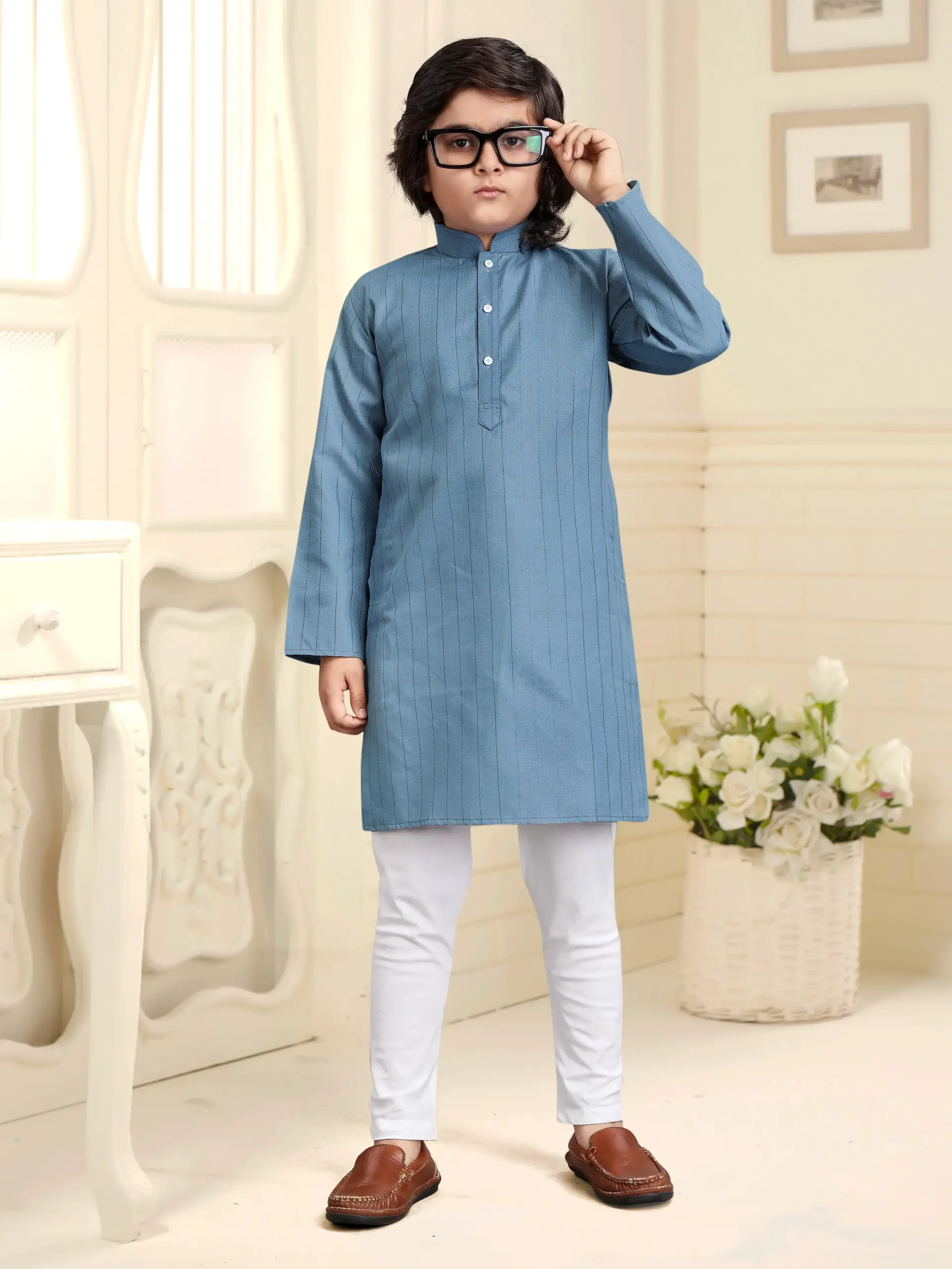 Charcoal Pure Cotton Solid Kids Kurta With Pant