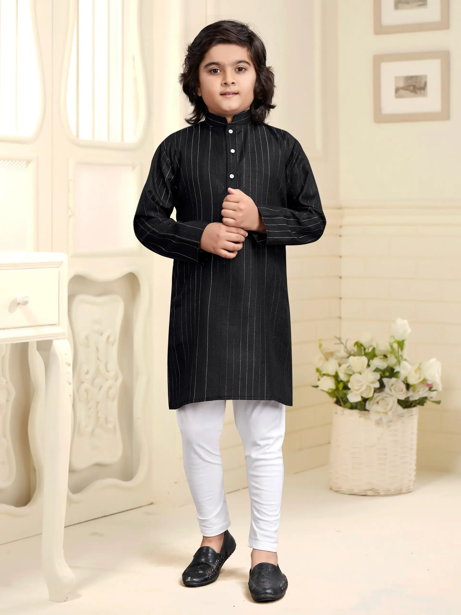 Black Pure Cotton Solid Kids Kurta With Pant