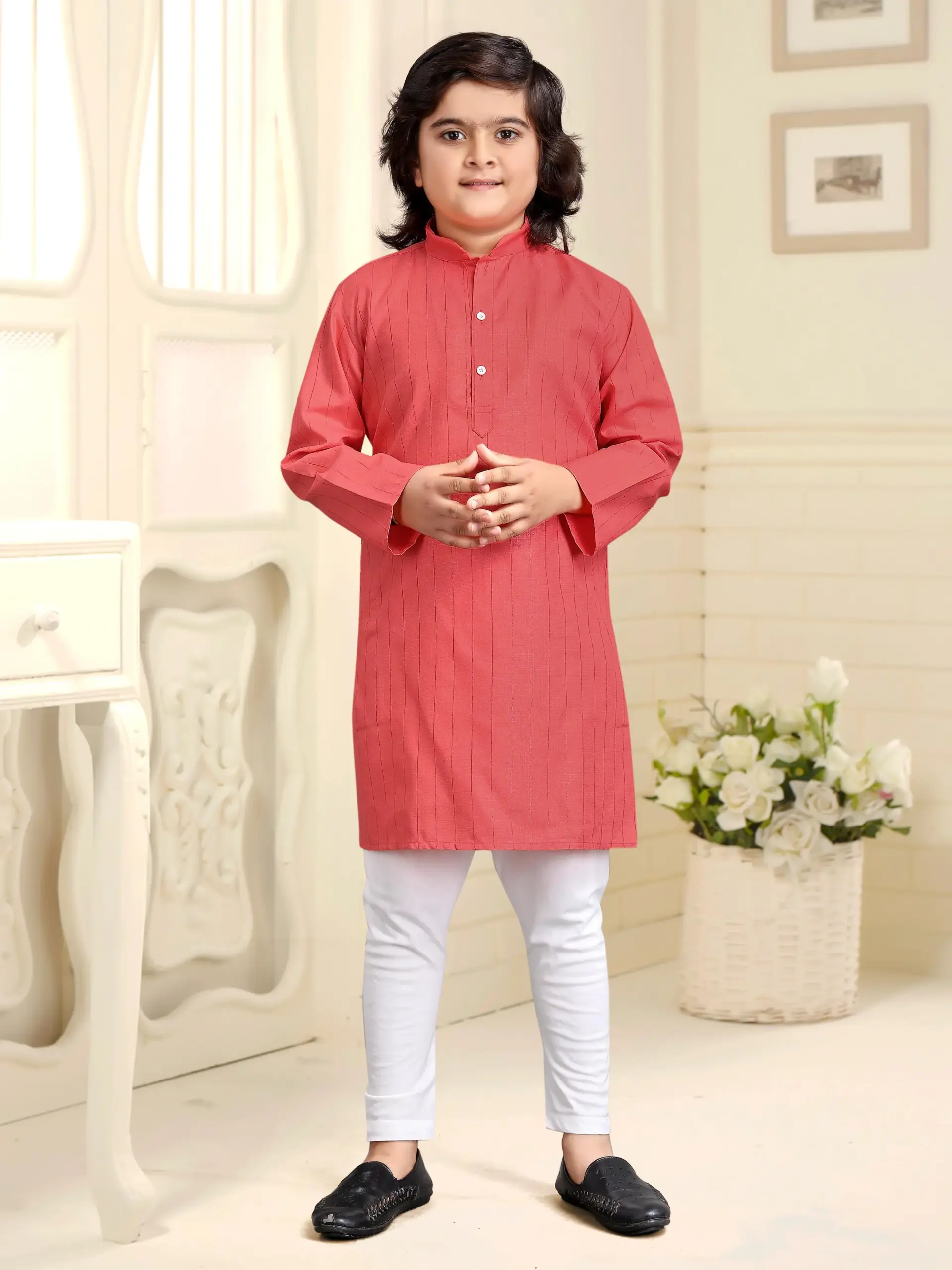 Peach Pure Cotton Solid Kids Kurta With Pant