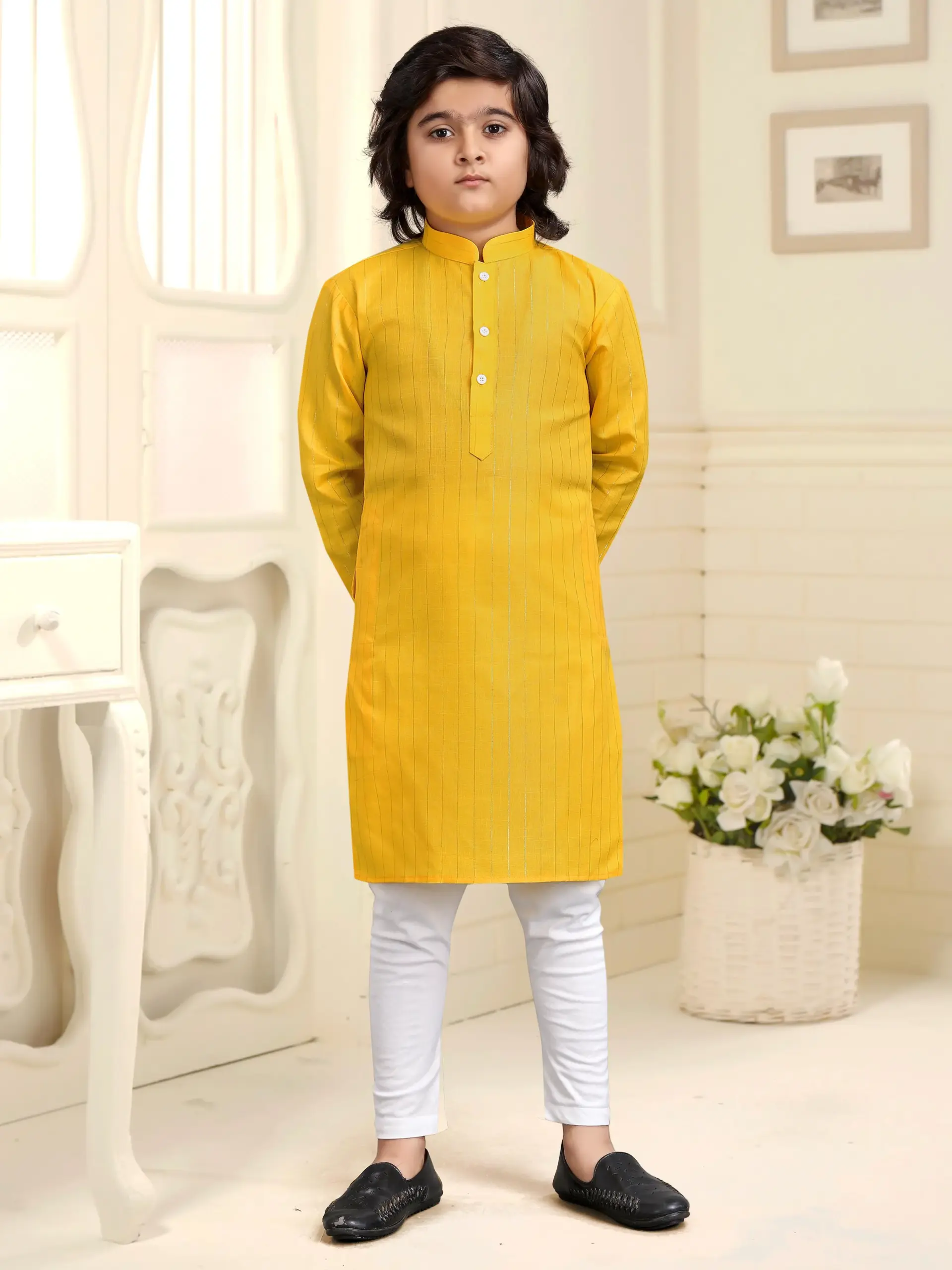Yellow Pure Cotton Solid Kids Kurta With Pant