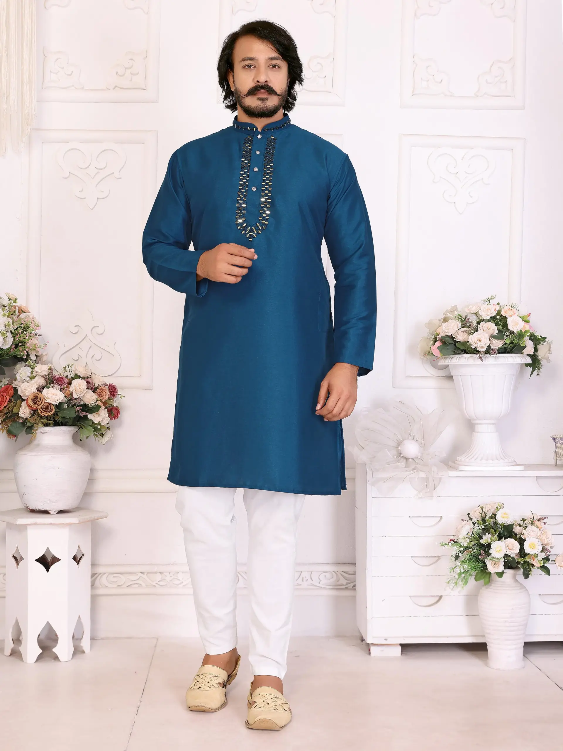Blue Silk Sequins Work Mens Kurta Pyjama