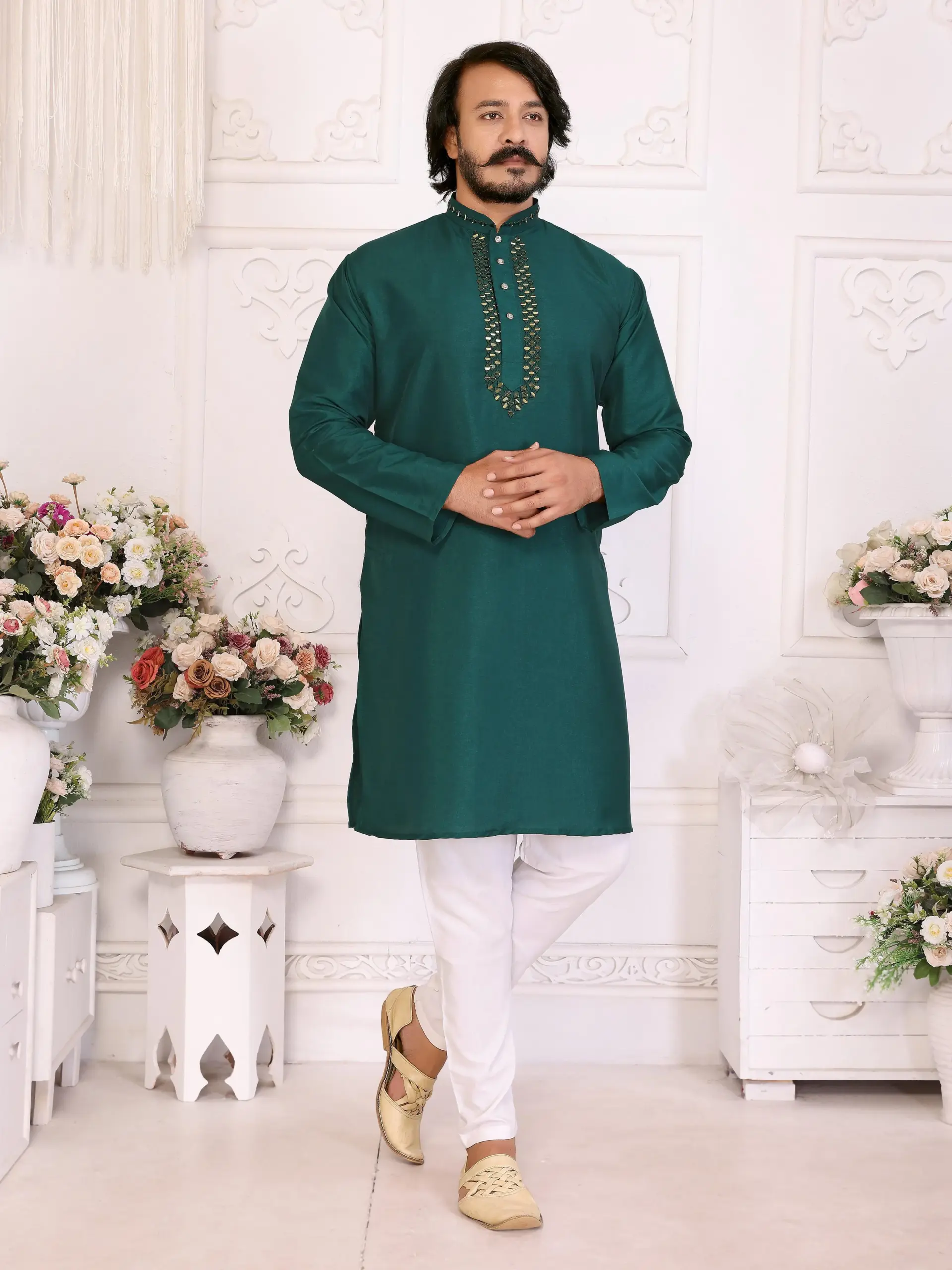 Teal Silk Sequins Work Mens Kurta Pyjama