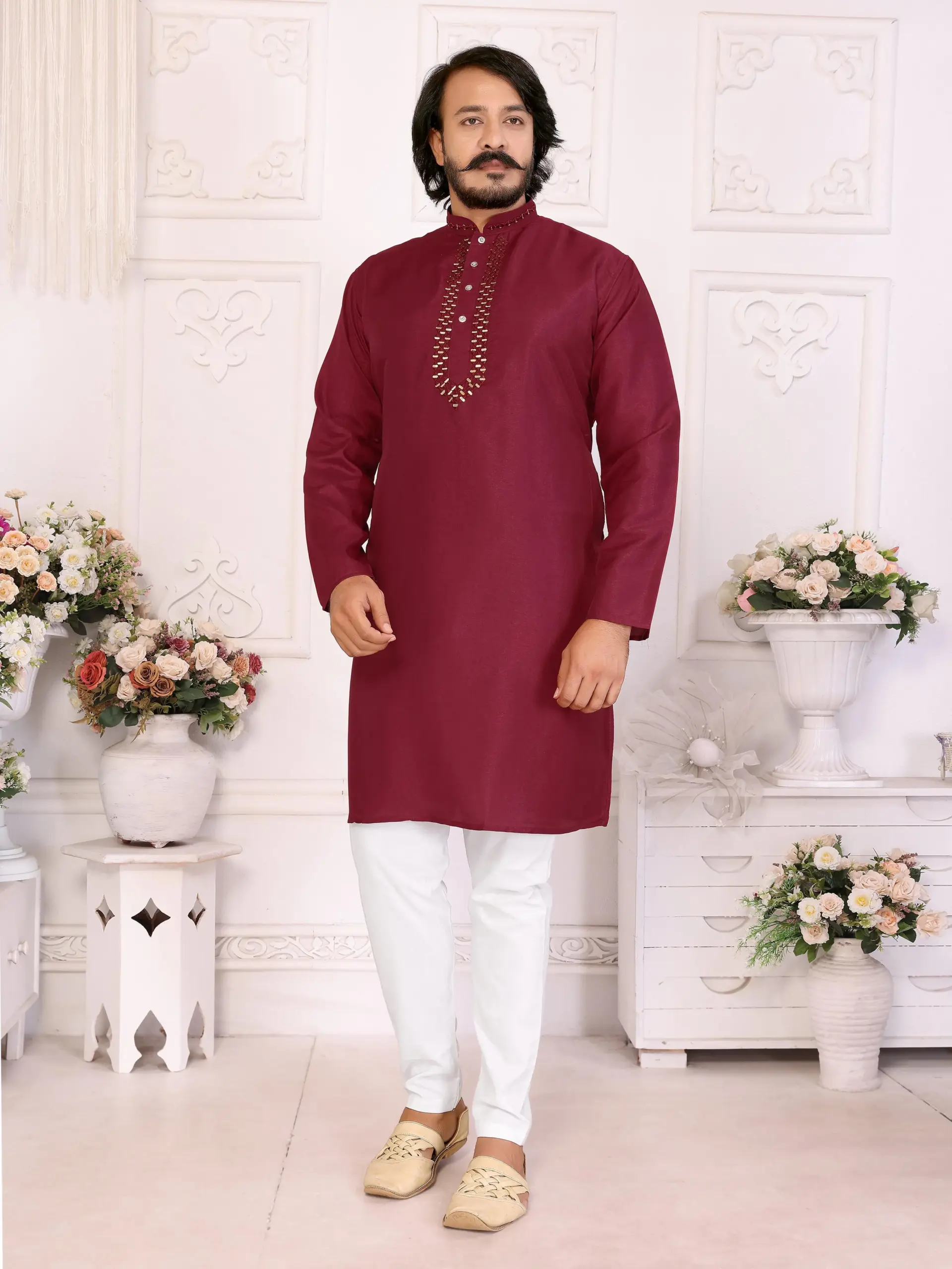 Maroon Silk Sequins Work Mens Kurta Pyjama