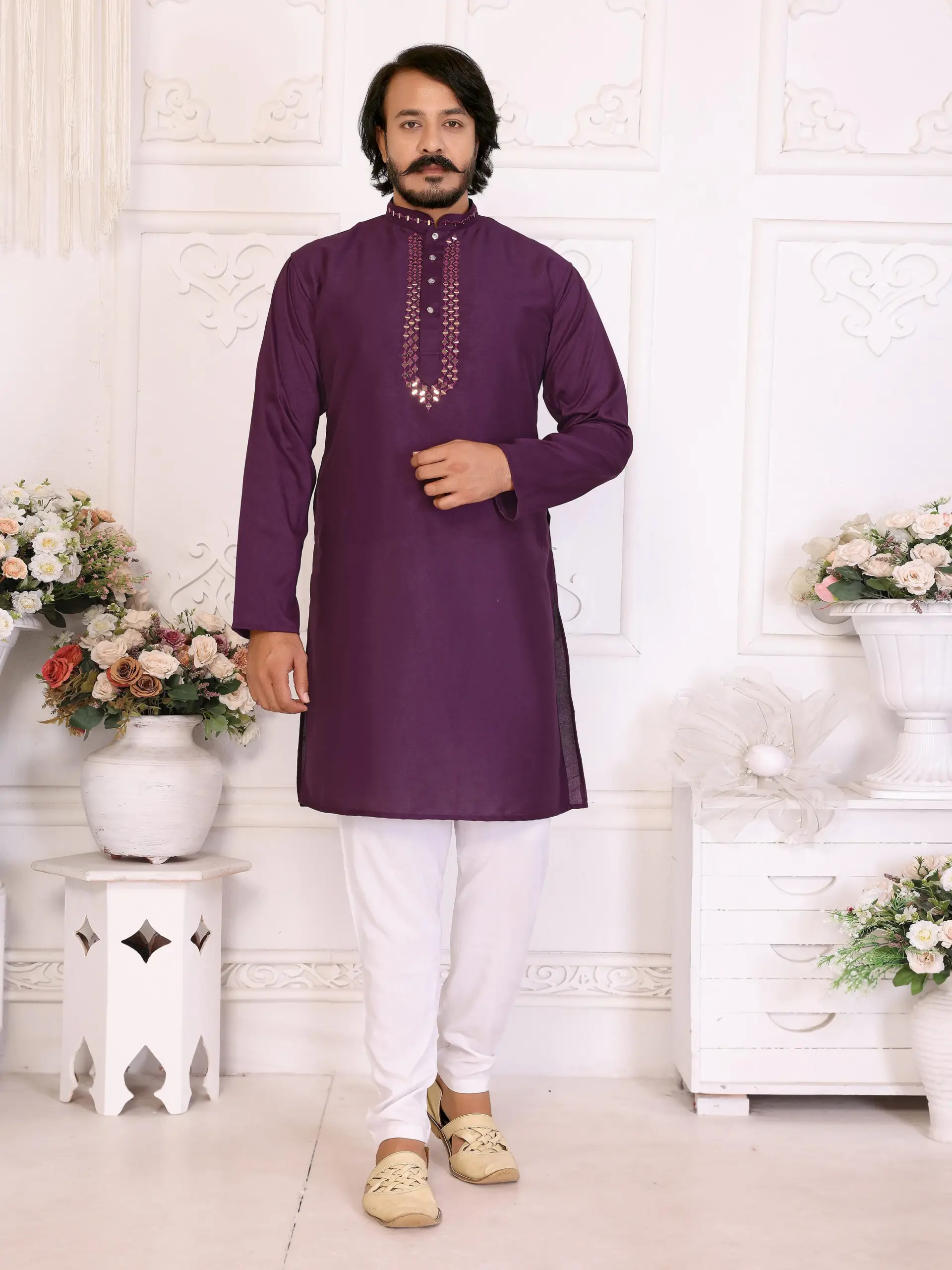 Purple Silk Sequins Work Mens Kurta Pyjama