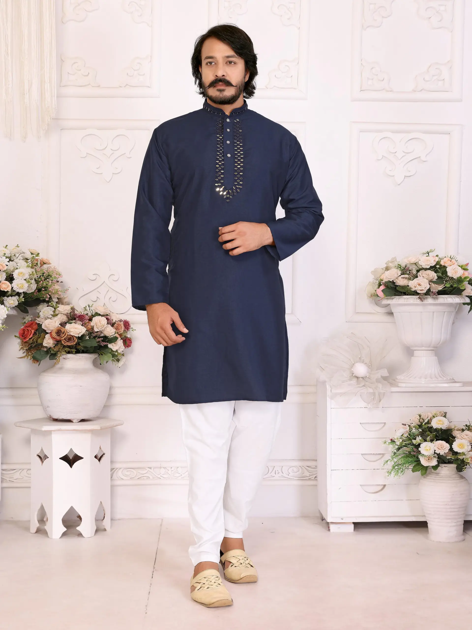 Navy Blue Silk Sequins Work Mens Kurta Pyjama