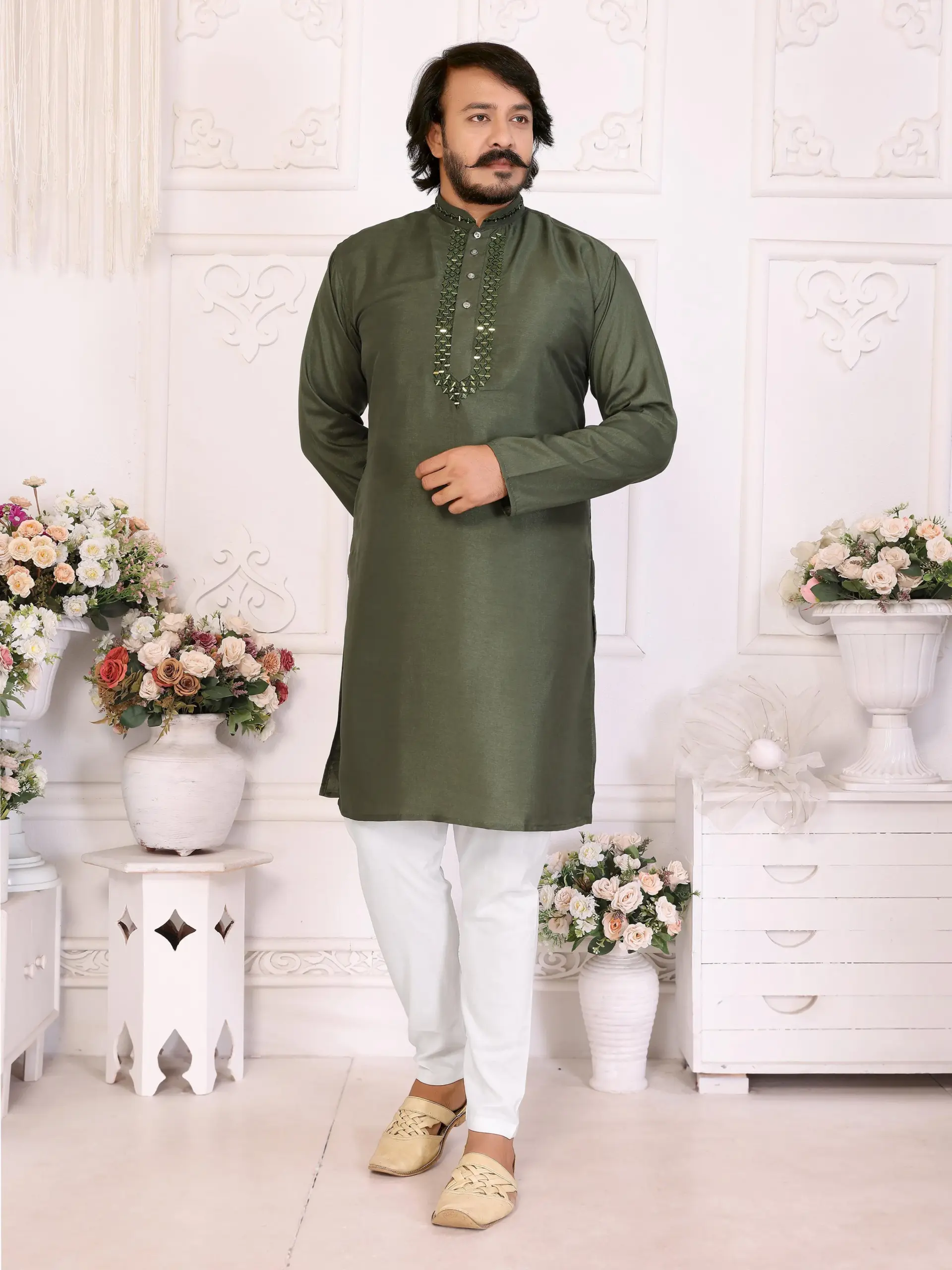 Olive Silk Sequins Work Mens Kurta Pyjama