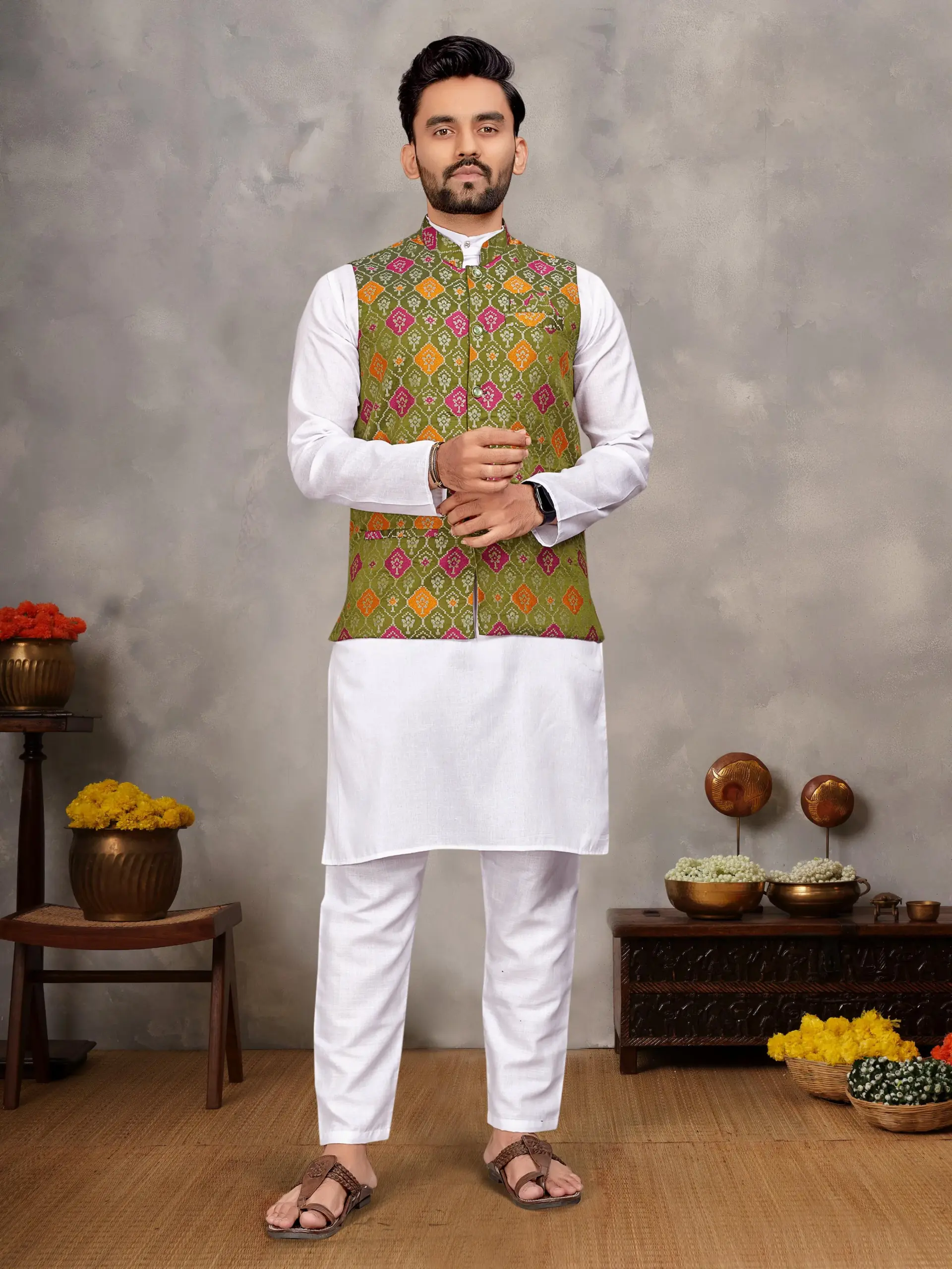 White Cotton Kurta Pyjama With Jacquard Olive Koti Set