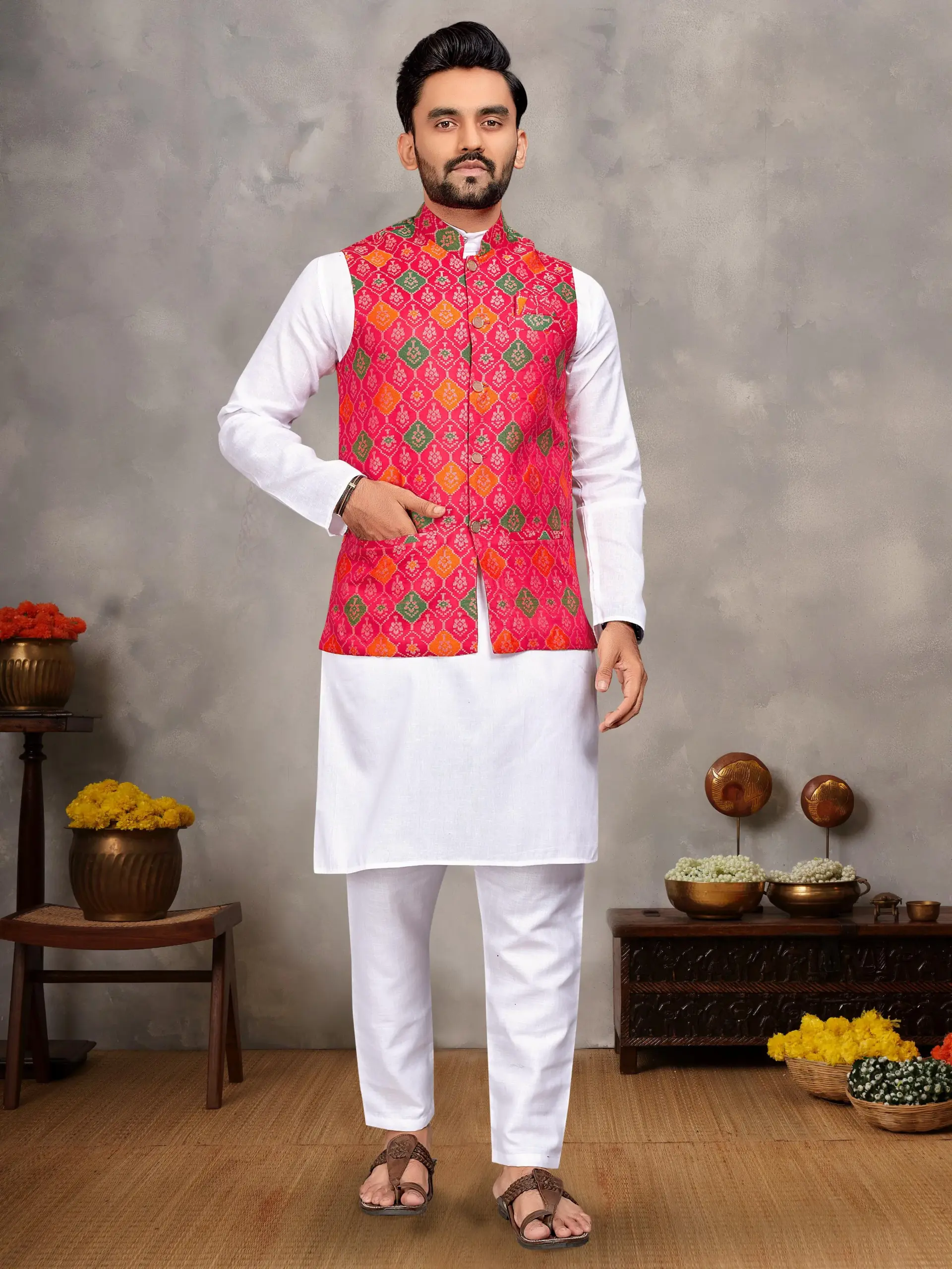 White Cotton Kurta Pyjama With Jacquard Pink Koti Set