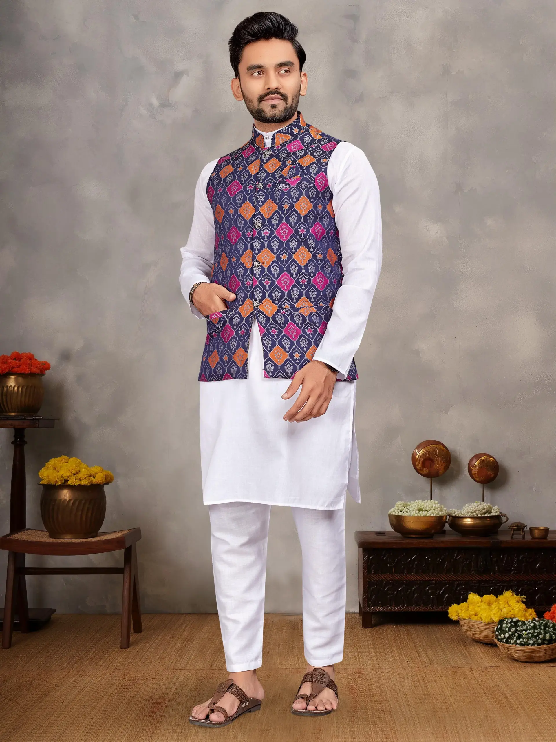 White Cotton Kurta Pyjama With Jacquard Blue Koti Set