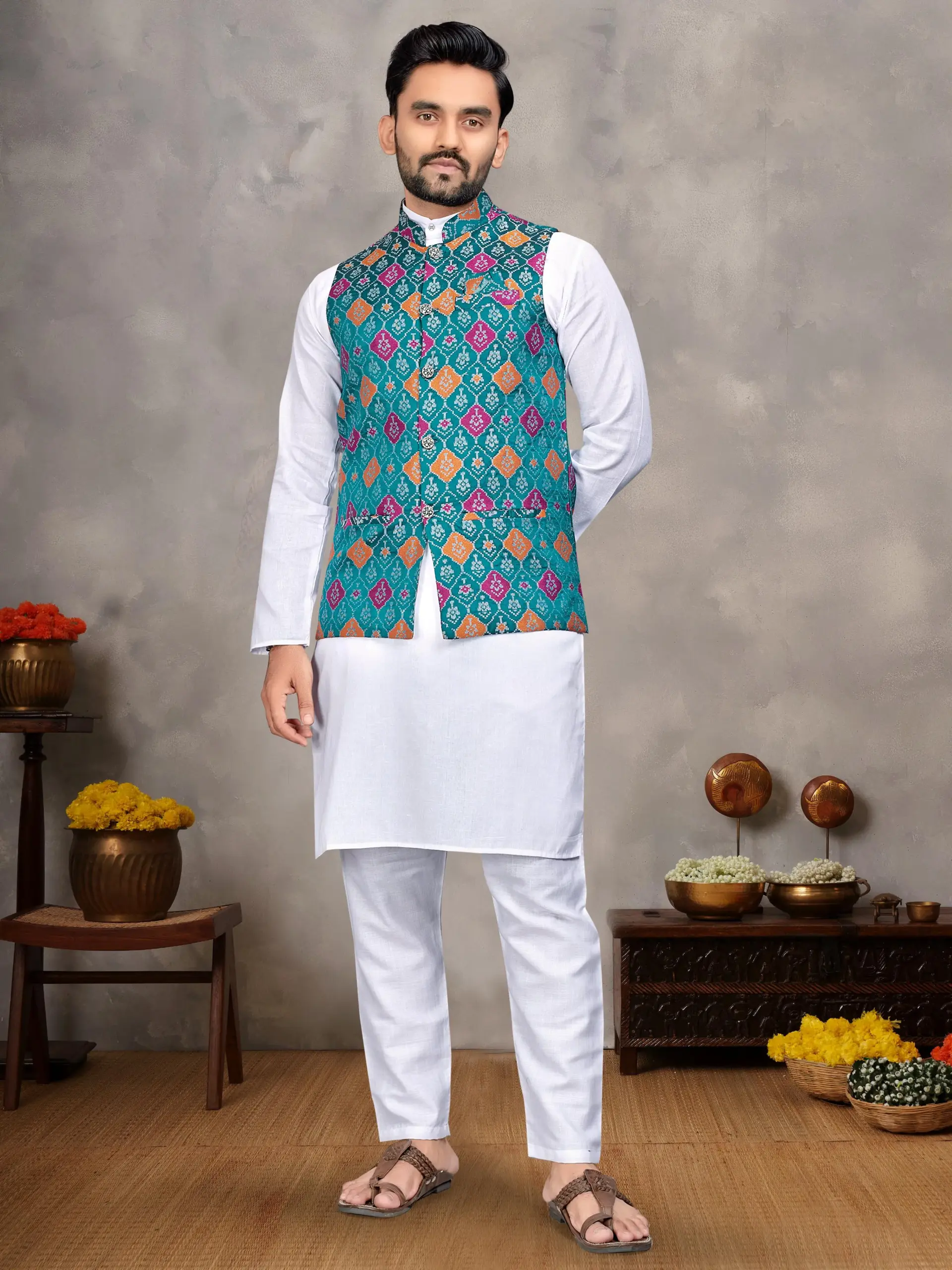 White Cotton Kurta Pyjama With Jacquard Light Blue Koti Set