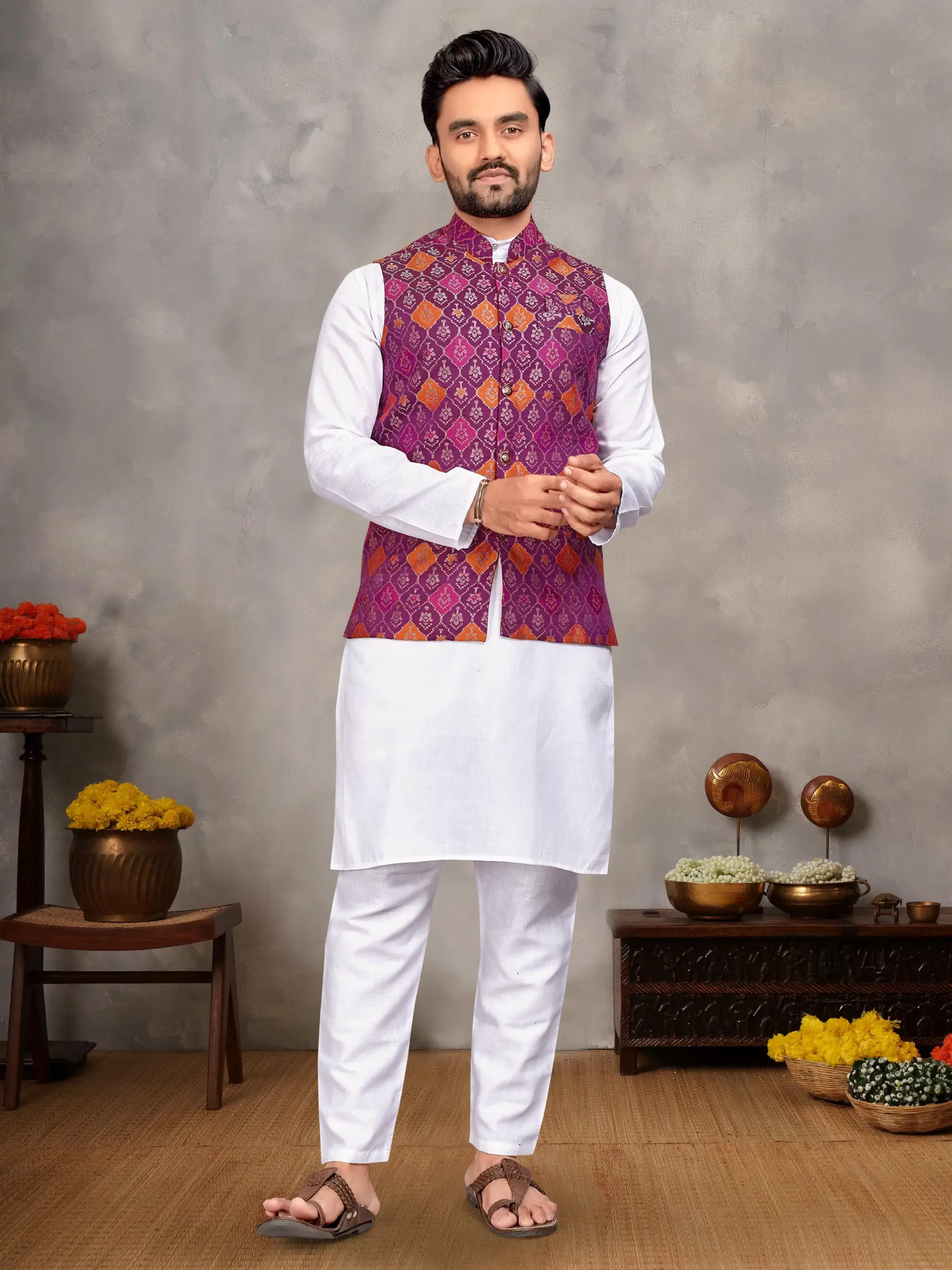 White Cotton Kurta Pyjama With Jacquard Wine Koti Set