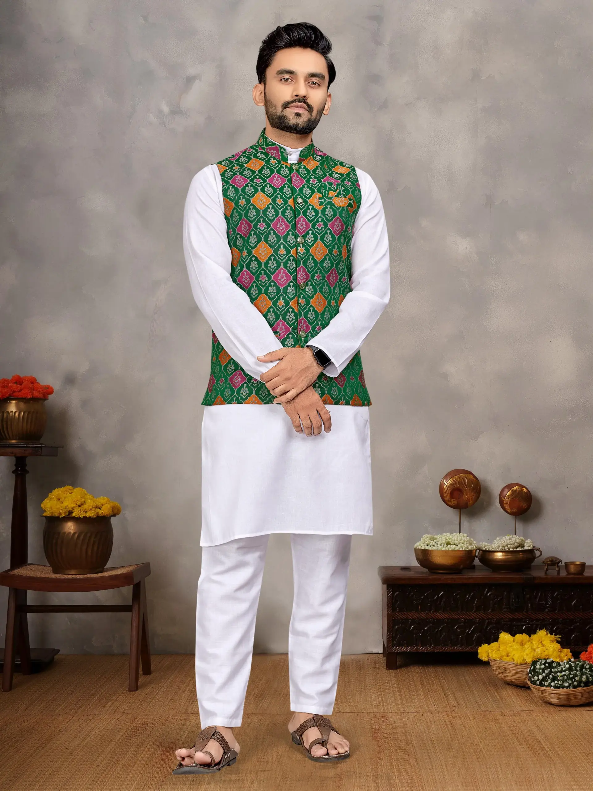 White Cotton Kurta Pyjama With Jacquard Green Koti Set