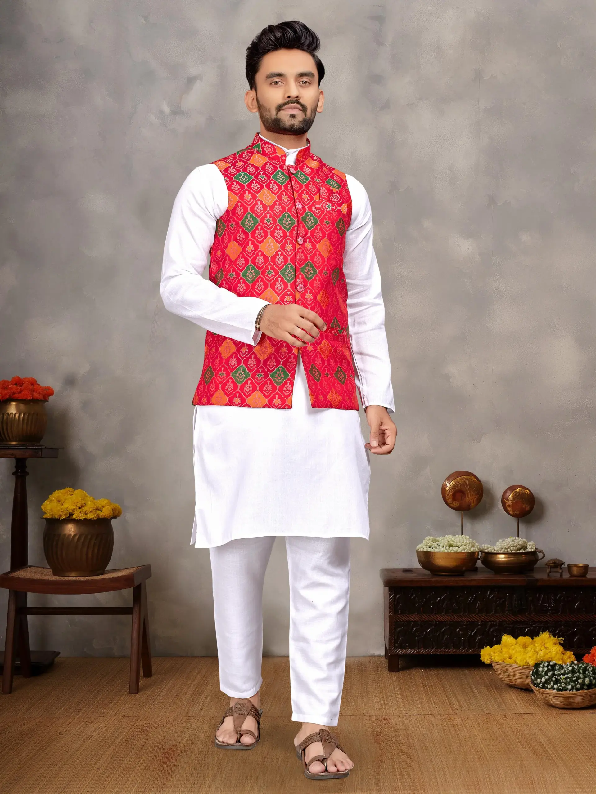White Cotton Kurta Pyjama With Jacquard Red Koti Set