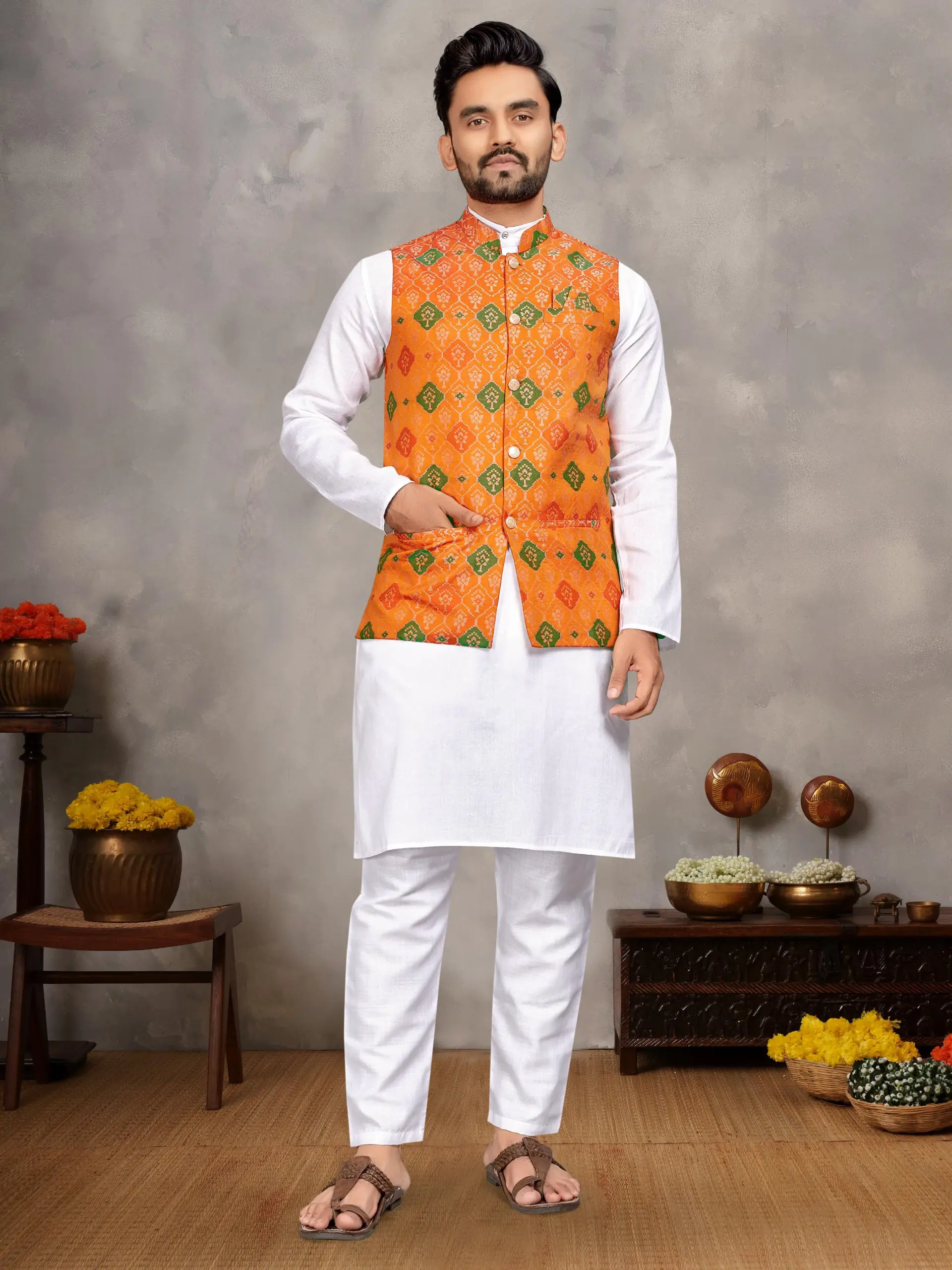 White Cotton Kurta Pyjama With Jacquard Yellow Koti Set