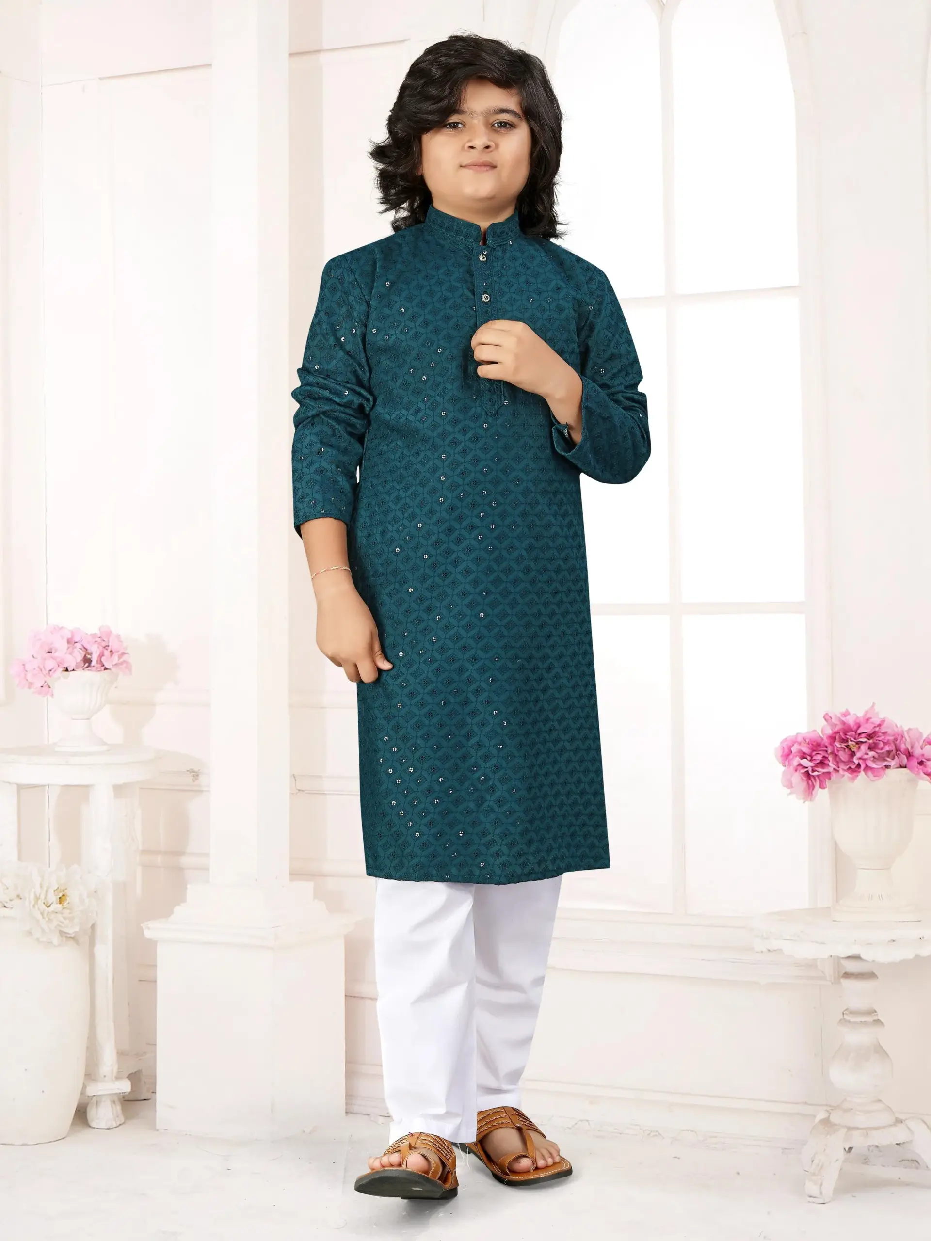 Blue Cotton Chikankari Work Kids Kurta With Pant