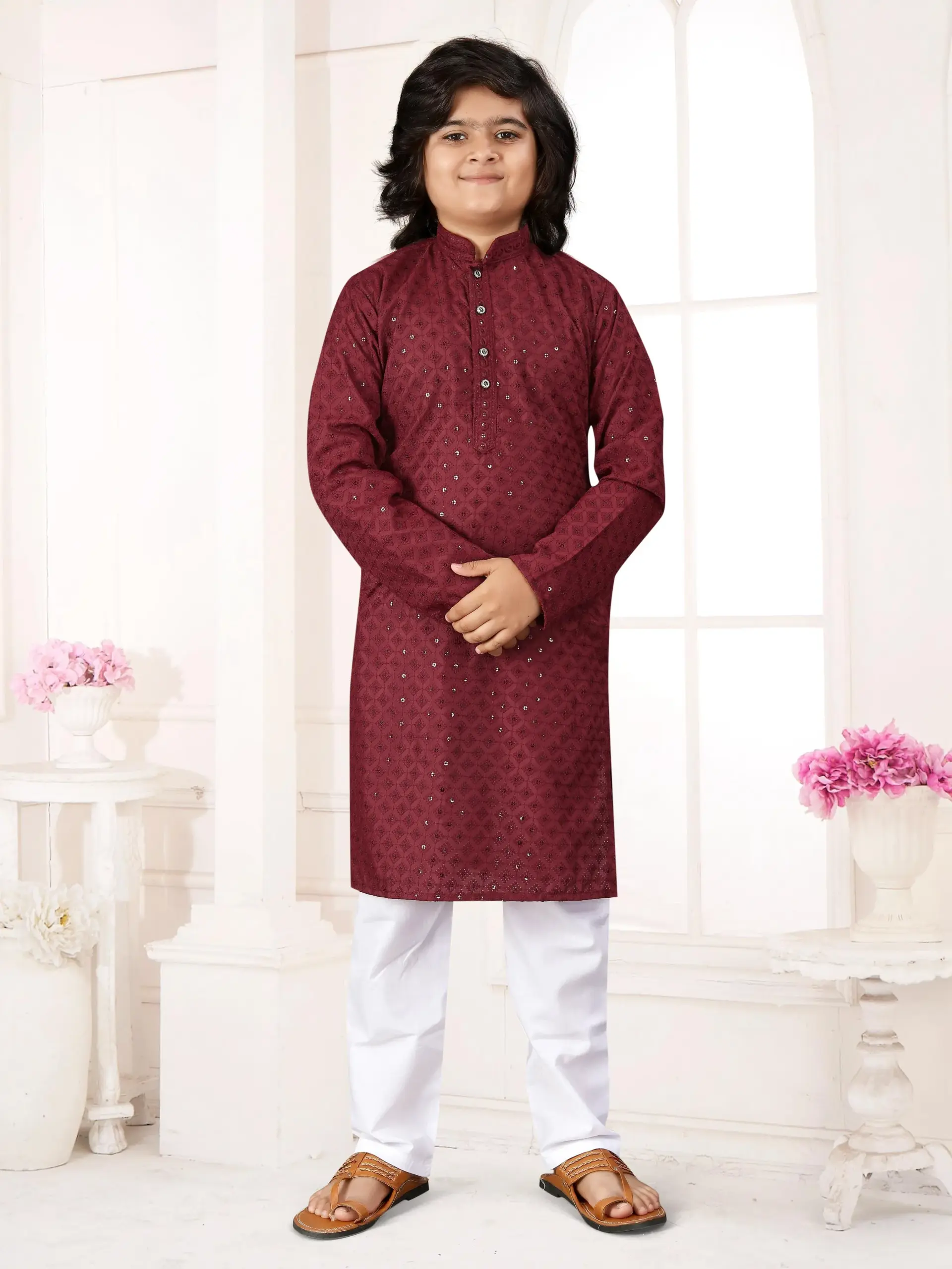 Maroon Cotton Chikankari Work Kids Kurta With Pant