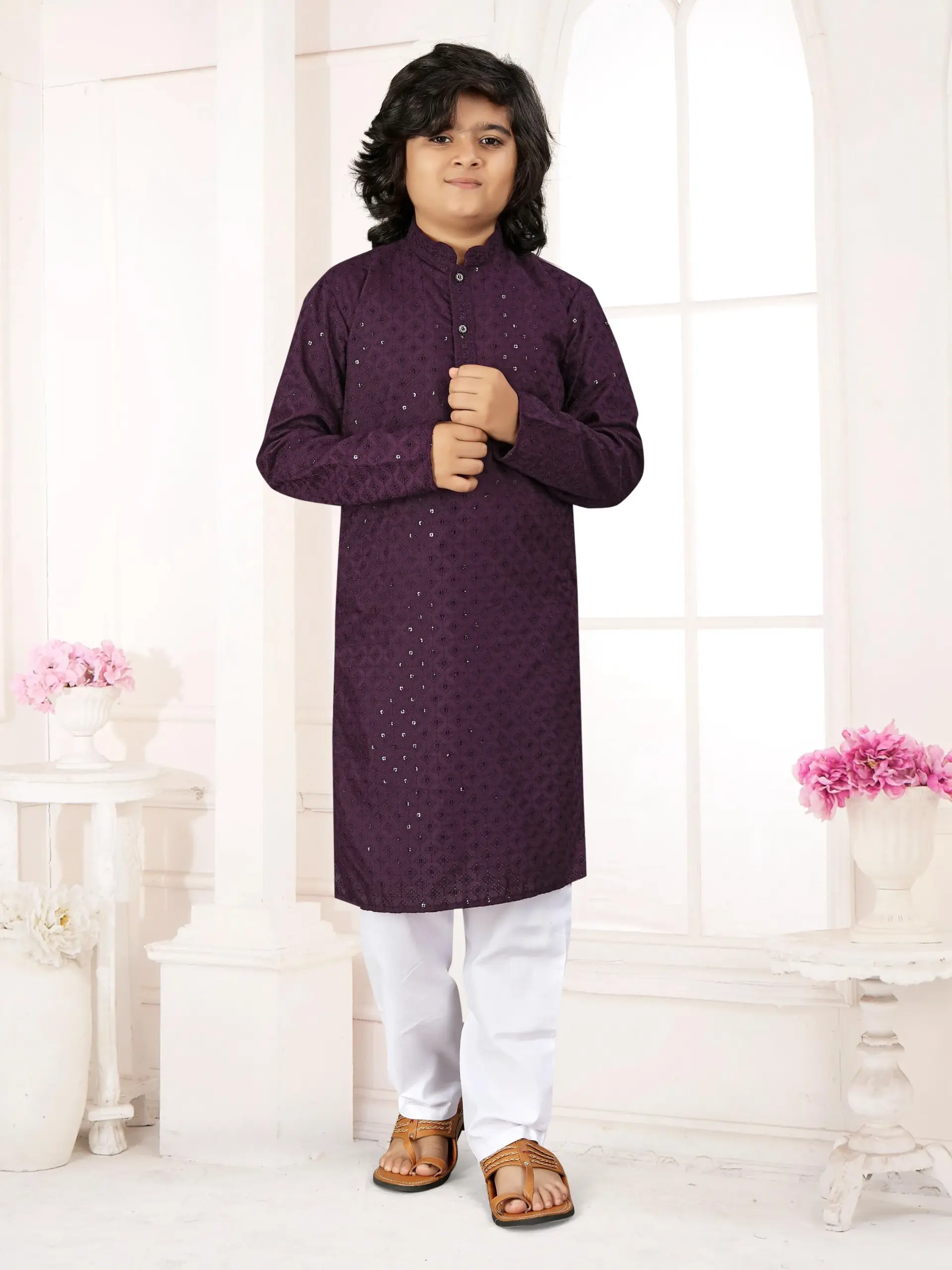 Wine Cotton Chikankari Work Kids Kurta With Pant