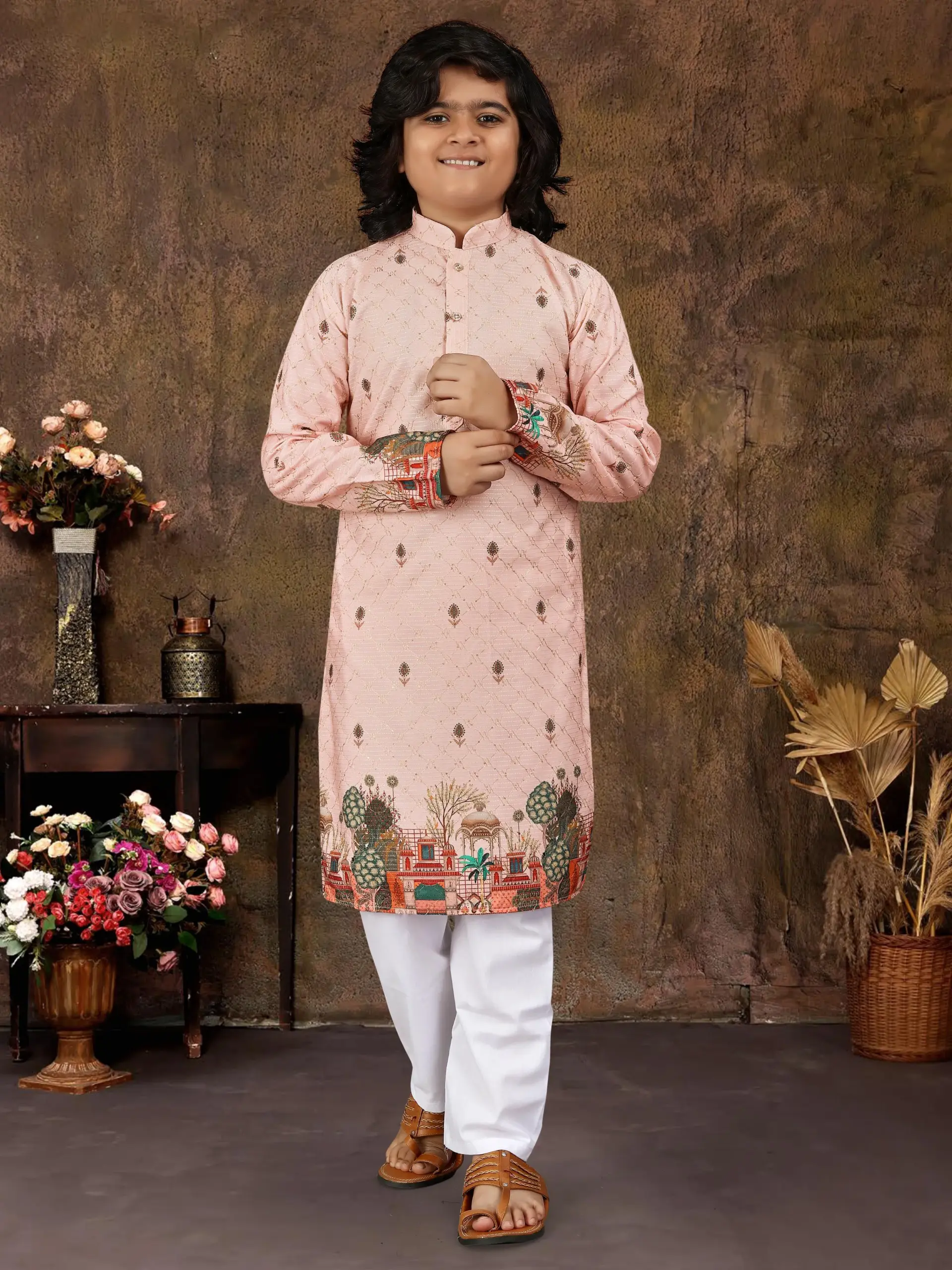Pink Rayon Embroidered Kids Kurta With Pant