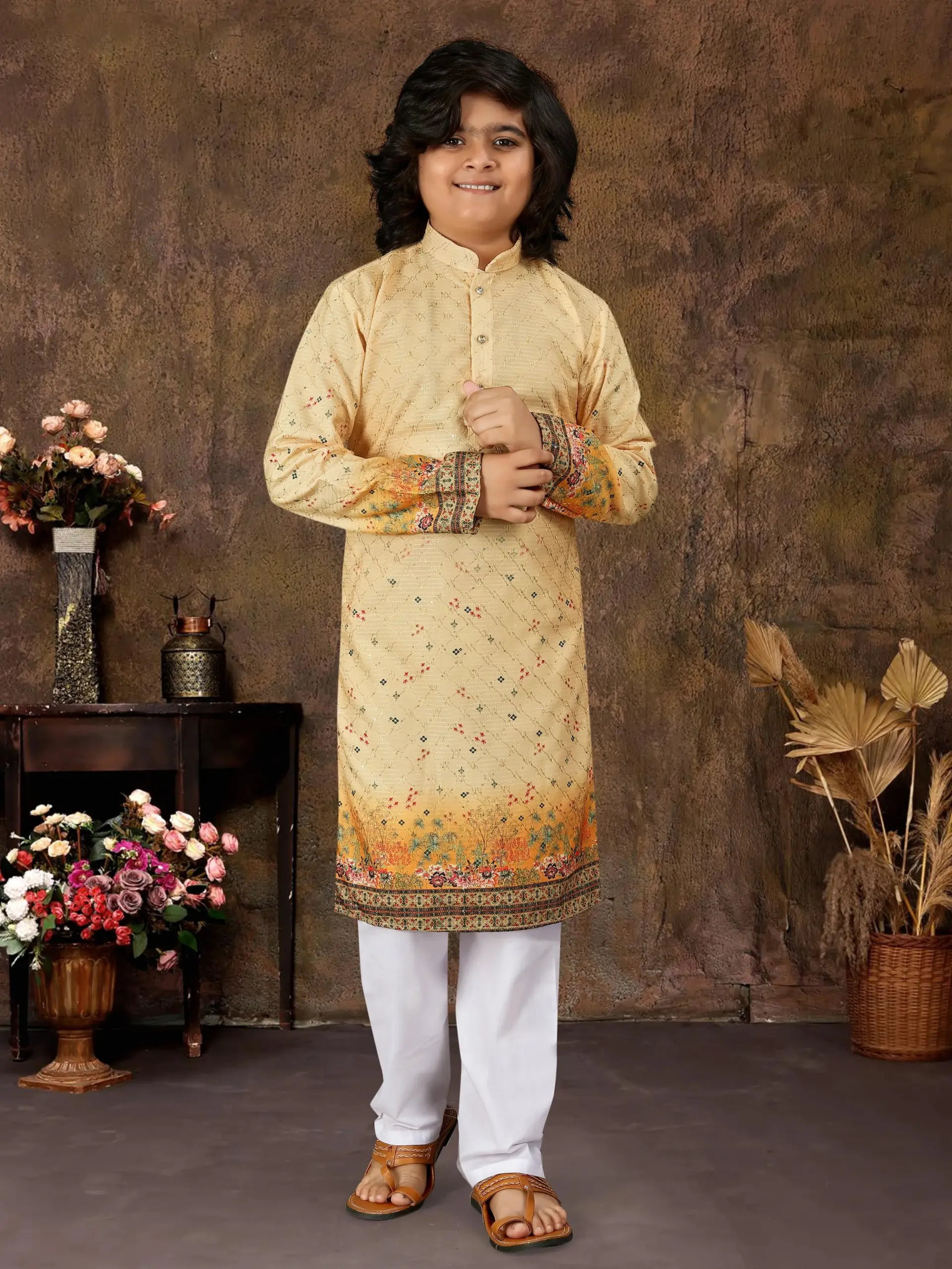 Yellow Rayon Embroidered Kids Kurta With Pant