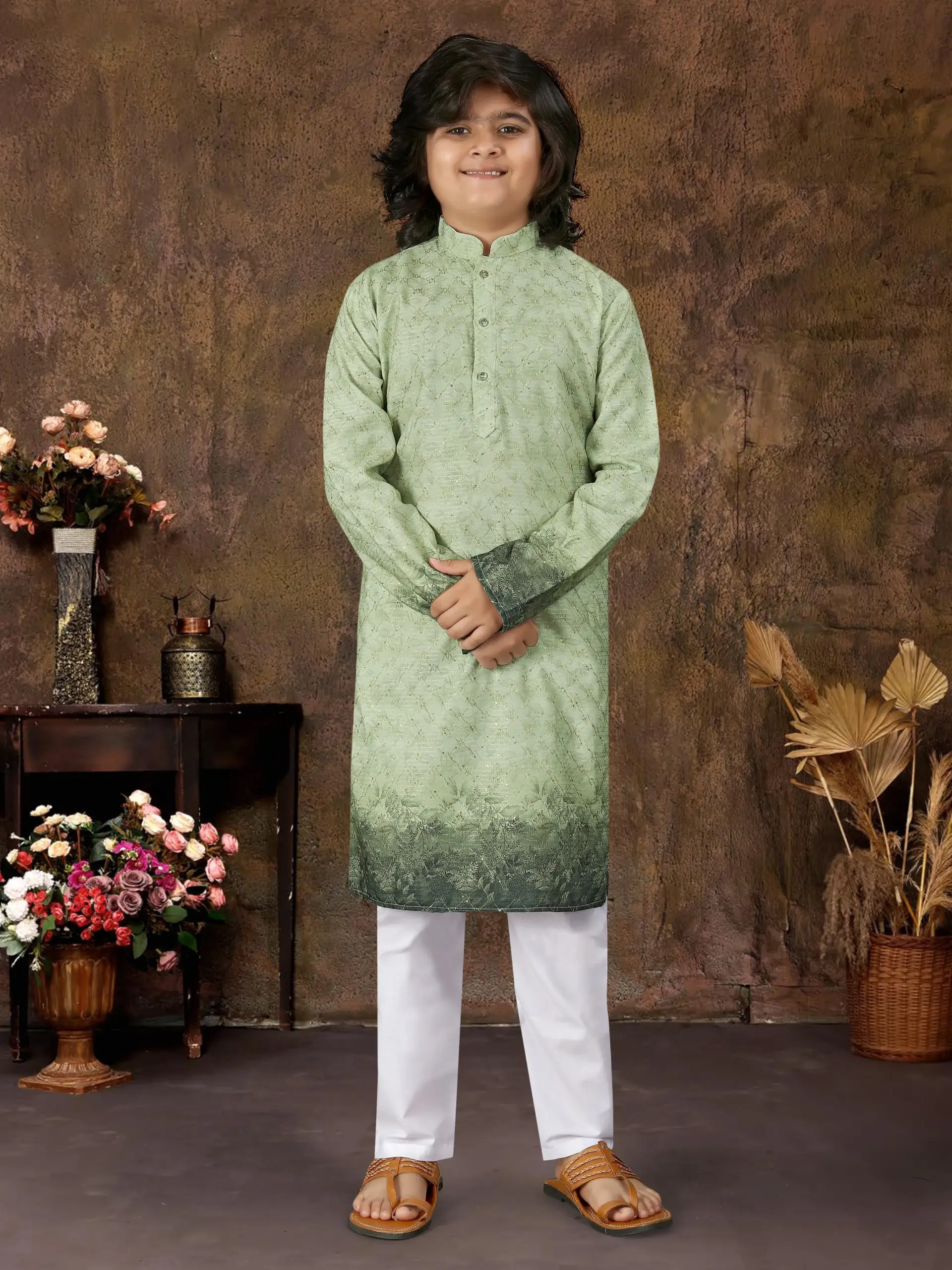 Green Rayon Embroidered Kids Kurta With Pant