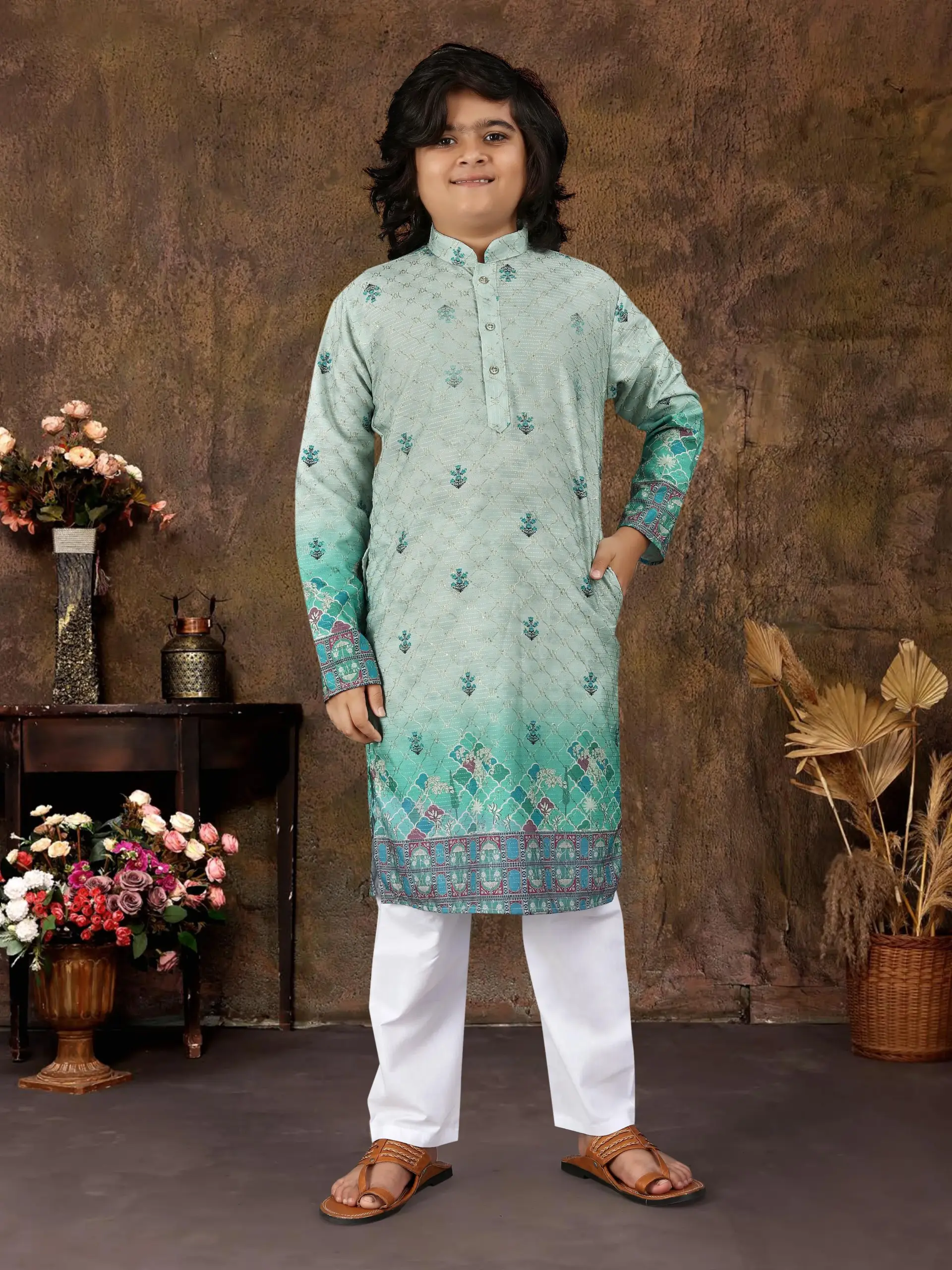 Grey Rayon Embroidered Kids Kurta With Pant