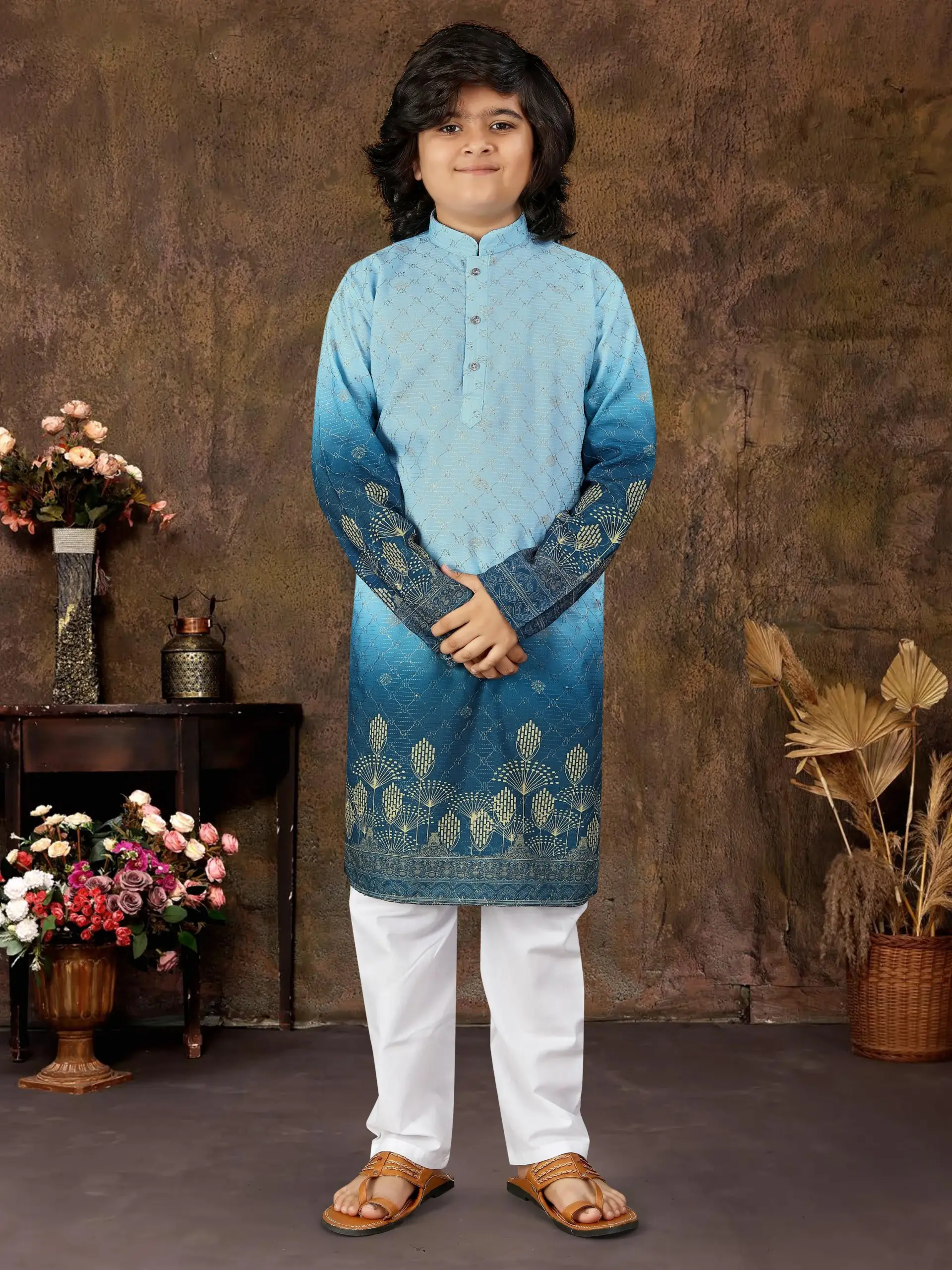 Blue Rayon Embroidered Kids Kurta With Pant