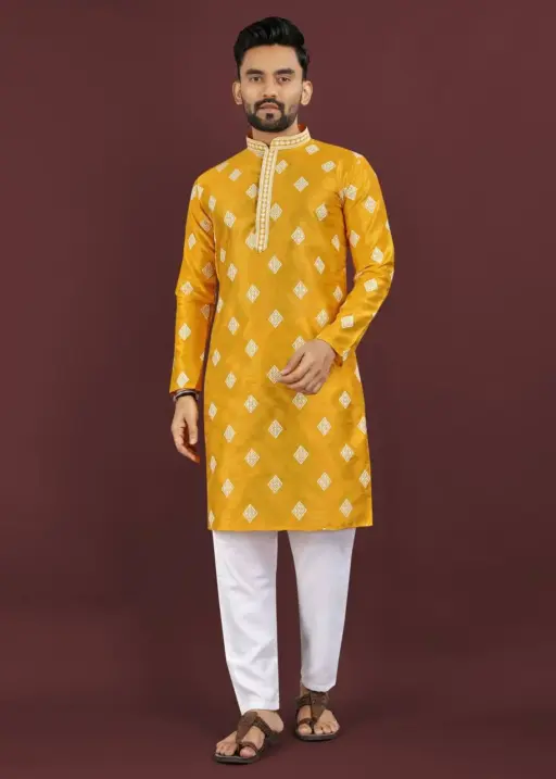 Yellow Mono Silk Stitched Embroidery Sequins Work Mens Kurta Pyjama