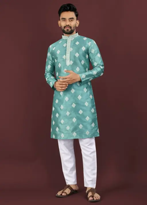 Blue Mono Silk Stitched Embroidery Sequins Work Mens Kurta Pyjama