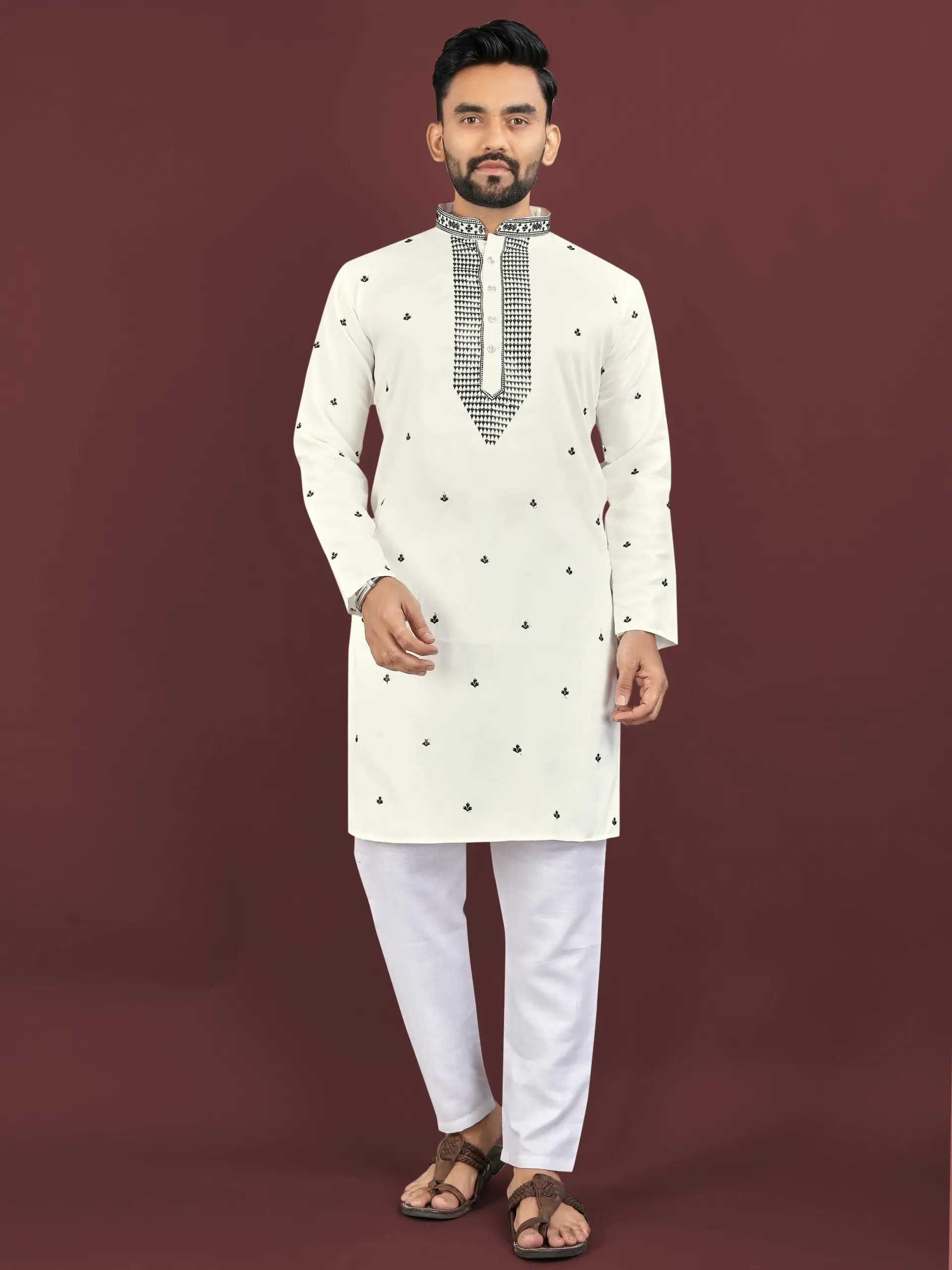 White Viscose Silk Sequence Men's Kurta Pyjama