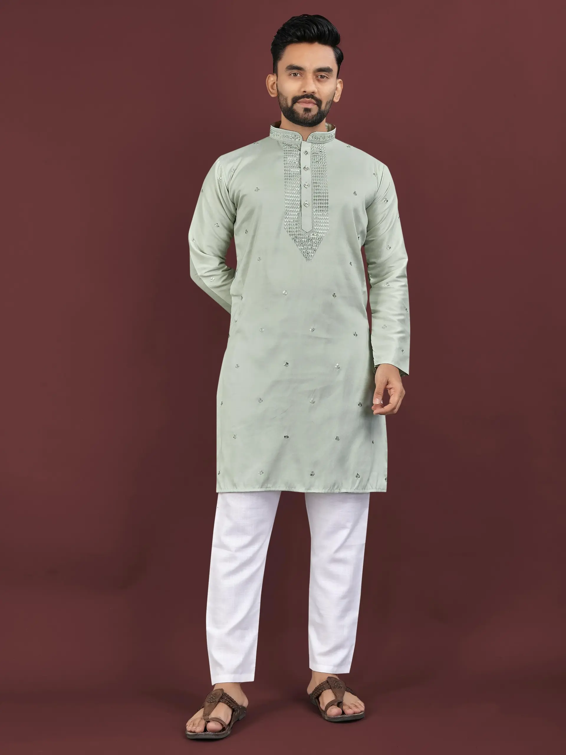 Grey Viscose Silk Sequence Men's Kurta Pyjama
