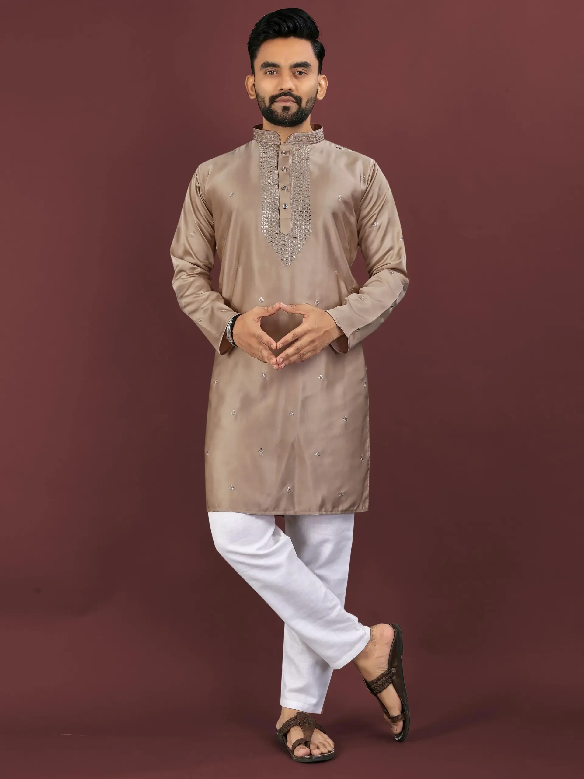 Brown Viscose Silk Sequence Men's Kurta Pyjama