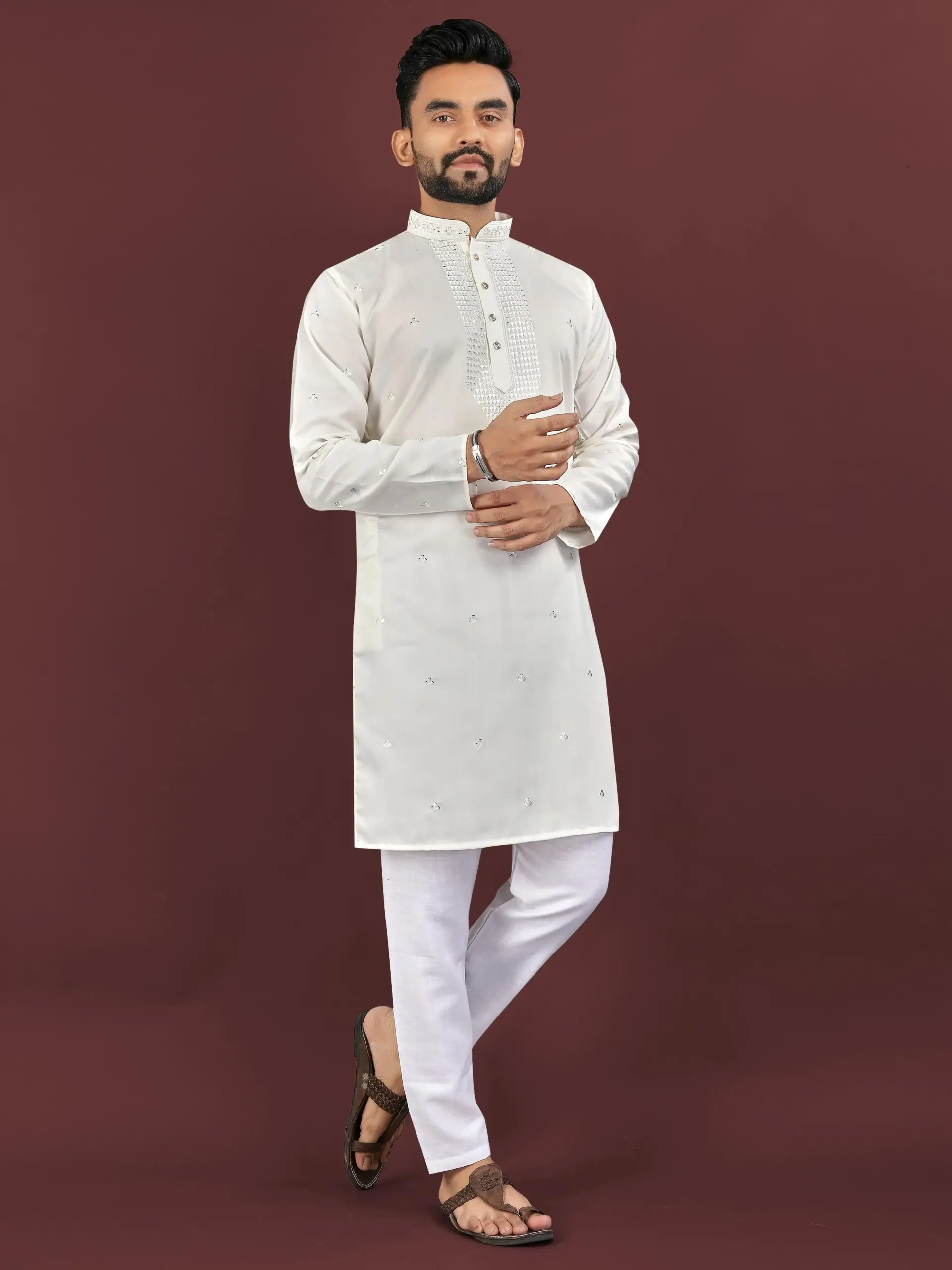 White Viscose Silk Sequence Men's Kurta Pyjama