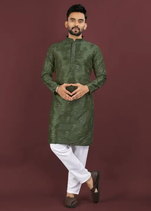 Green Banglori Silk Readymade Embroidery Sequins Work Mens Kurta Pyjama