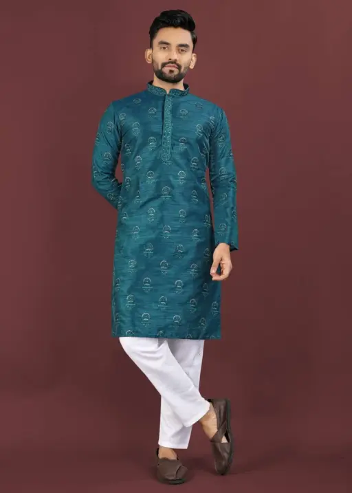 Blue Banglori Silk Readymade Embroidery Sequins Work Mens Kurta Pyjama