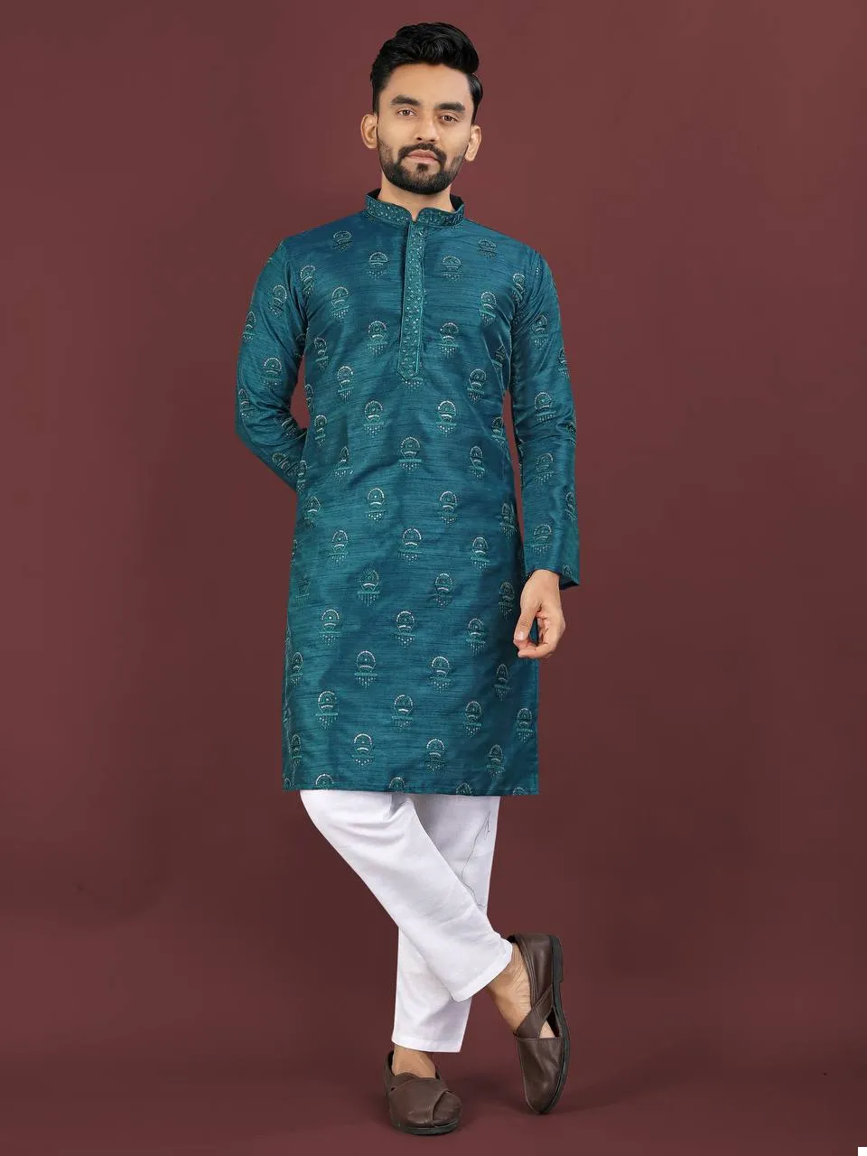 Blue Banglori Silk Readymade Embroidery Sequins Work Mens Kurta Pyjama