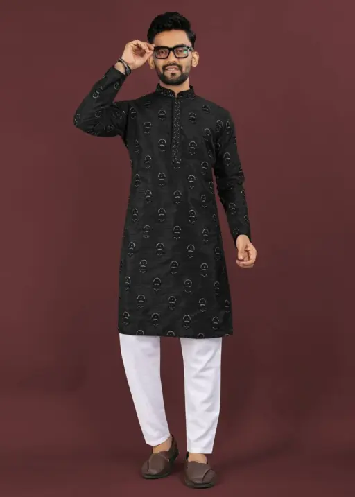 Black Banglori Silk Readymade Embroidery Sequins Work Mens Kurta Pyjama