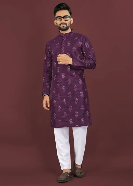 Wine Banglori Silk Readymade Embroidery Sequins Work Mens Kurta Pyjama (Copy)