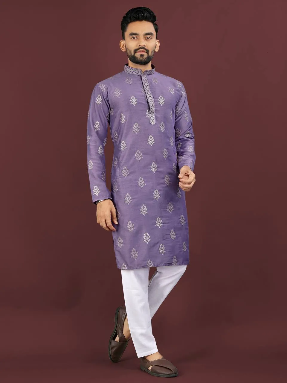 Purple Viscose Silk Sequence Men's Kurta Pyjama