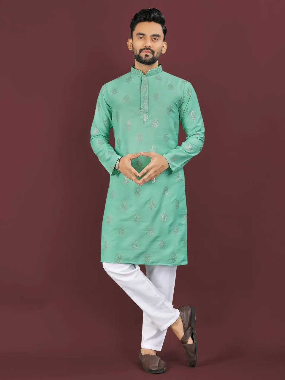 Sea Green Viscose Silk Sequence Men's Kurta Pyjama