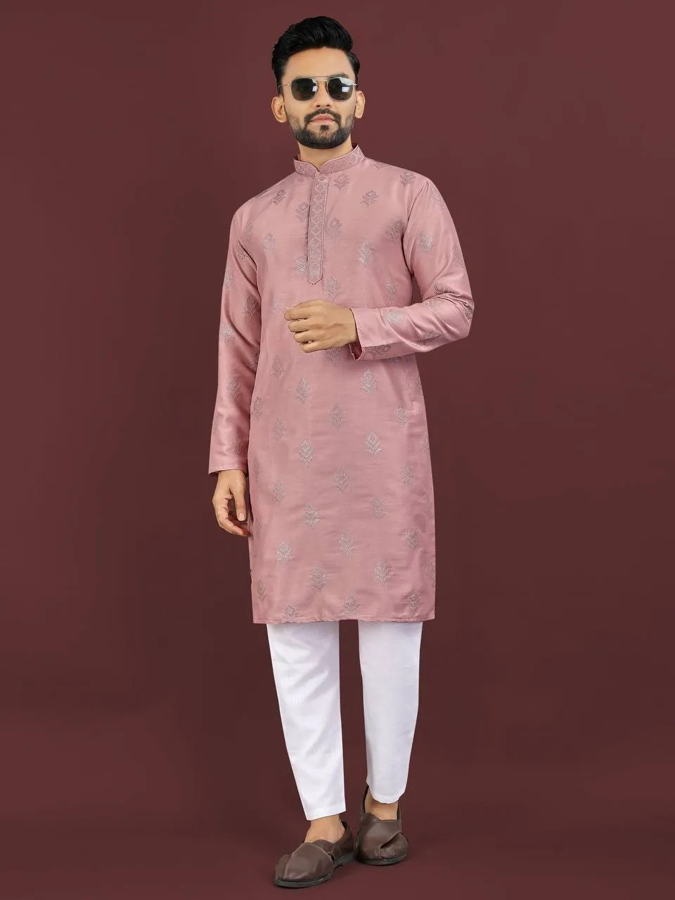 Pink Viscose Silk Sequence Men's Kurta Pyjama