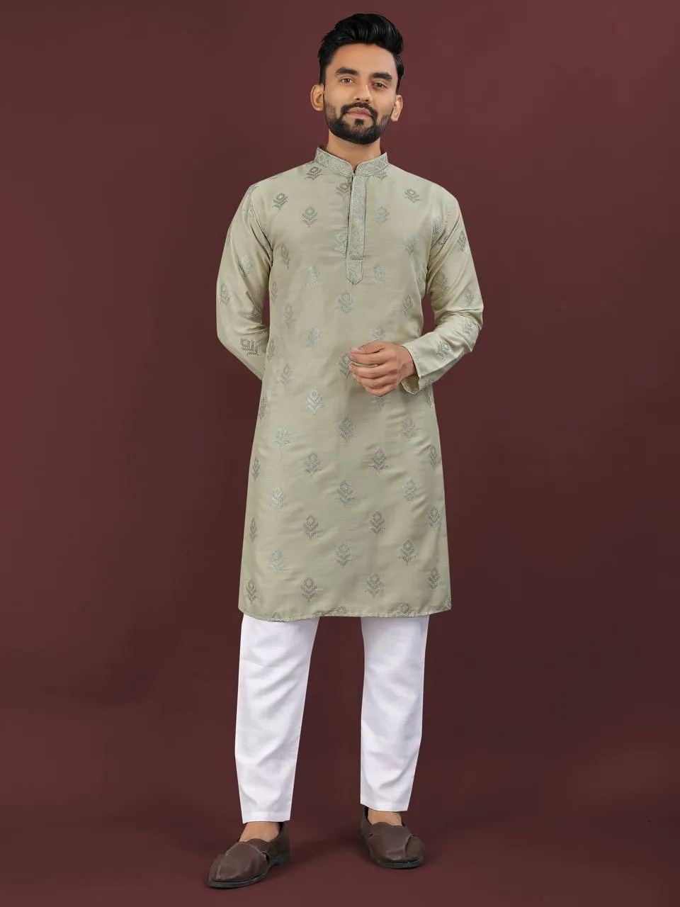 olive Viscose Silk Sequence Men's Kurta Pyjama