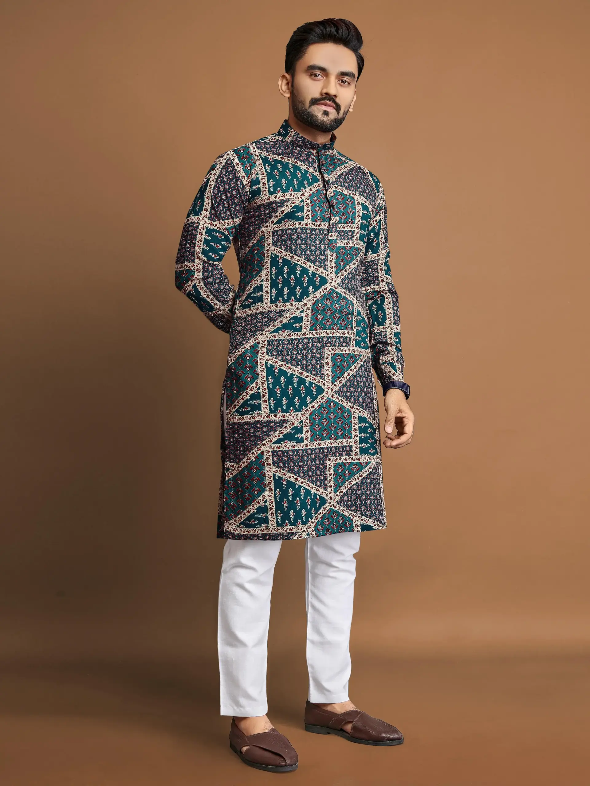 Blue Cotton Foil Print Men's Kurta Pyjama