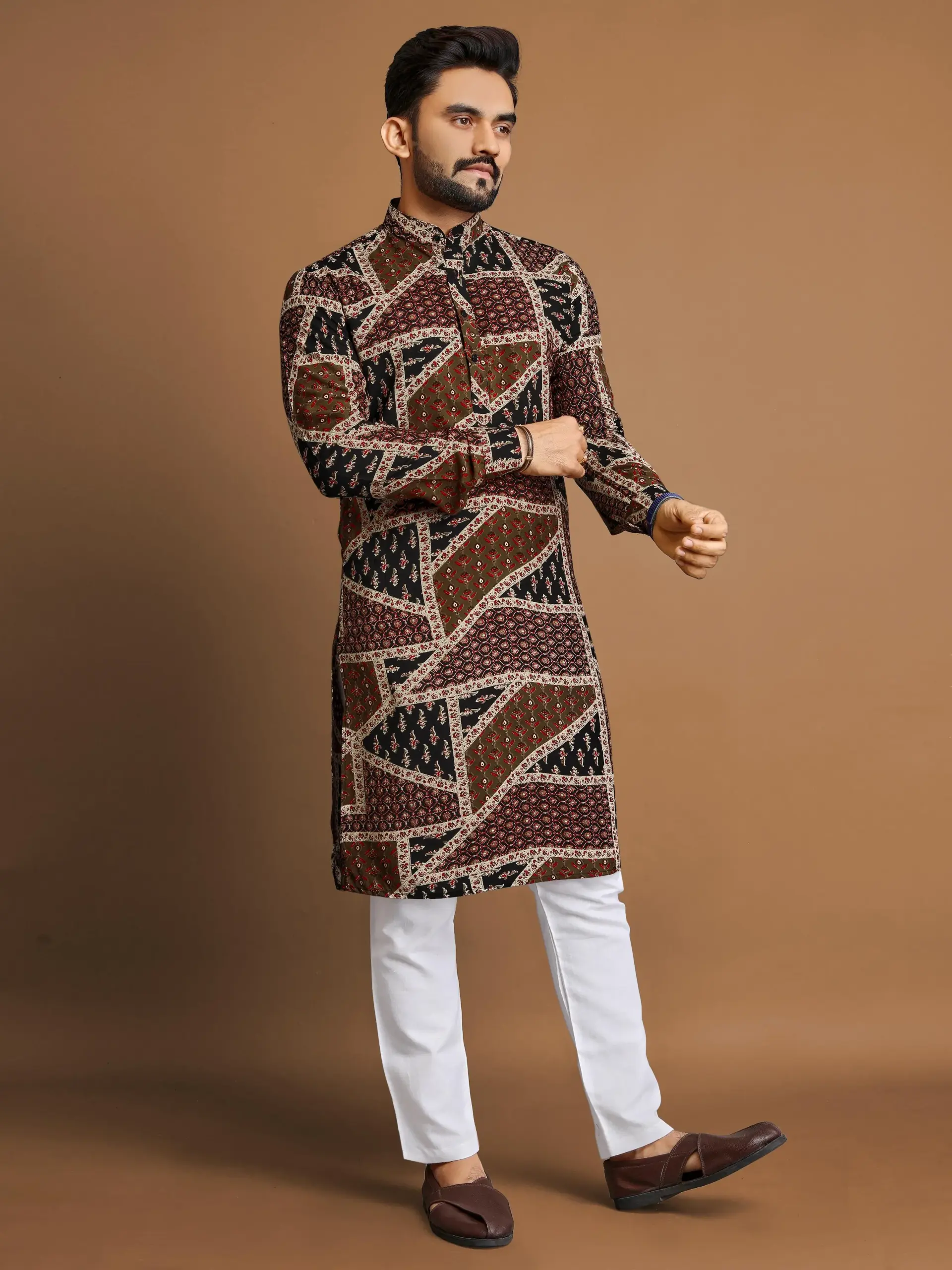 Brown Cotton Foil Print Men's Kurta Pyjama