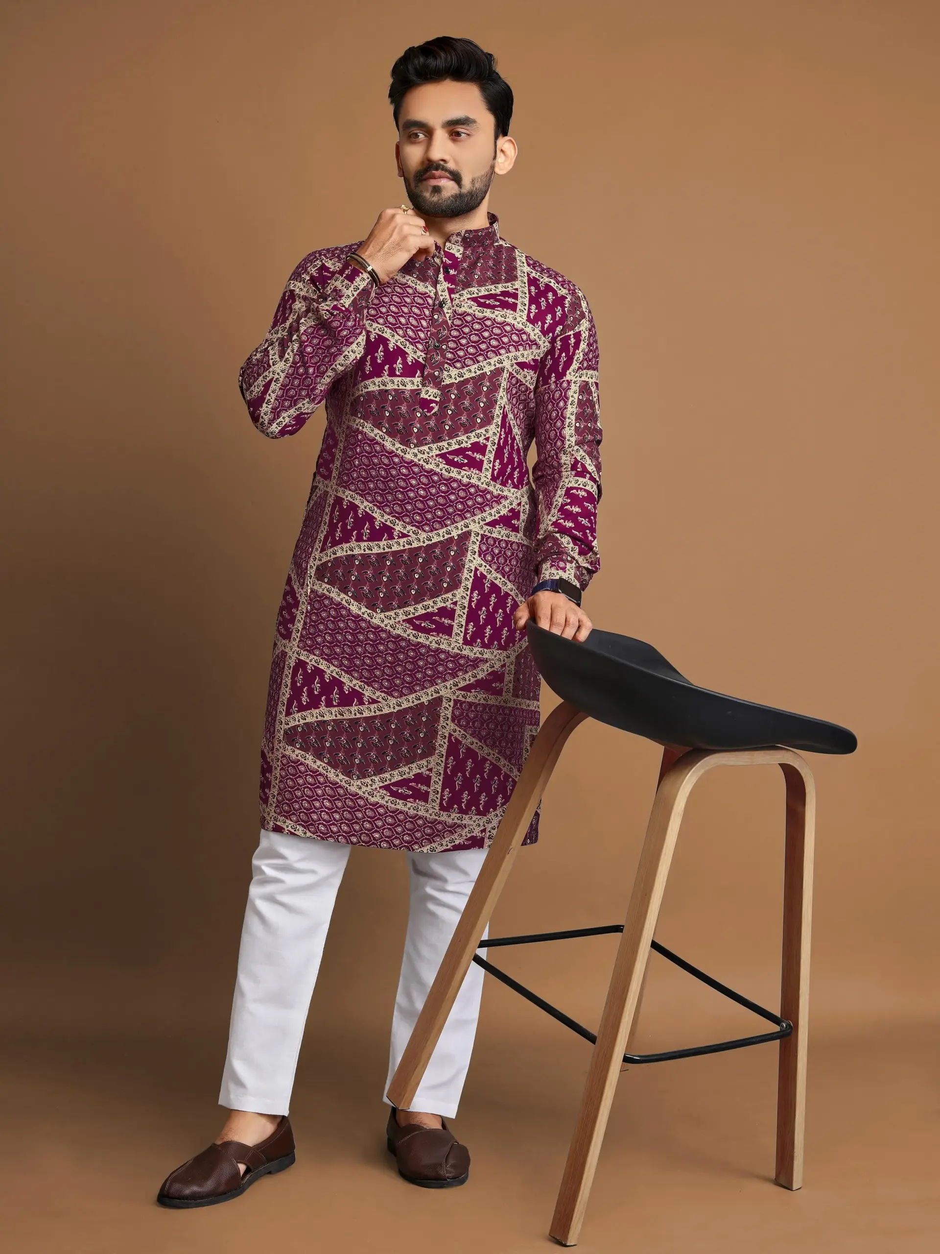 Wine Cotton Foil Print Men's Kurta Pyjama