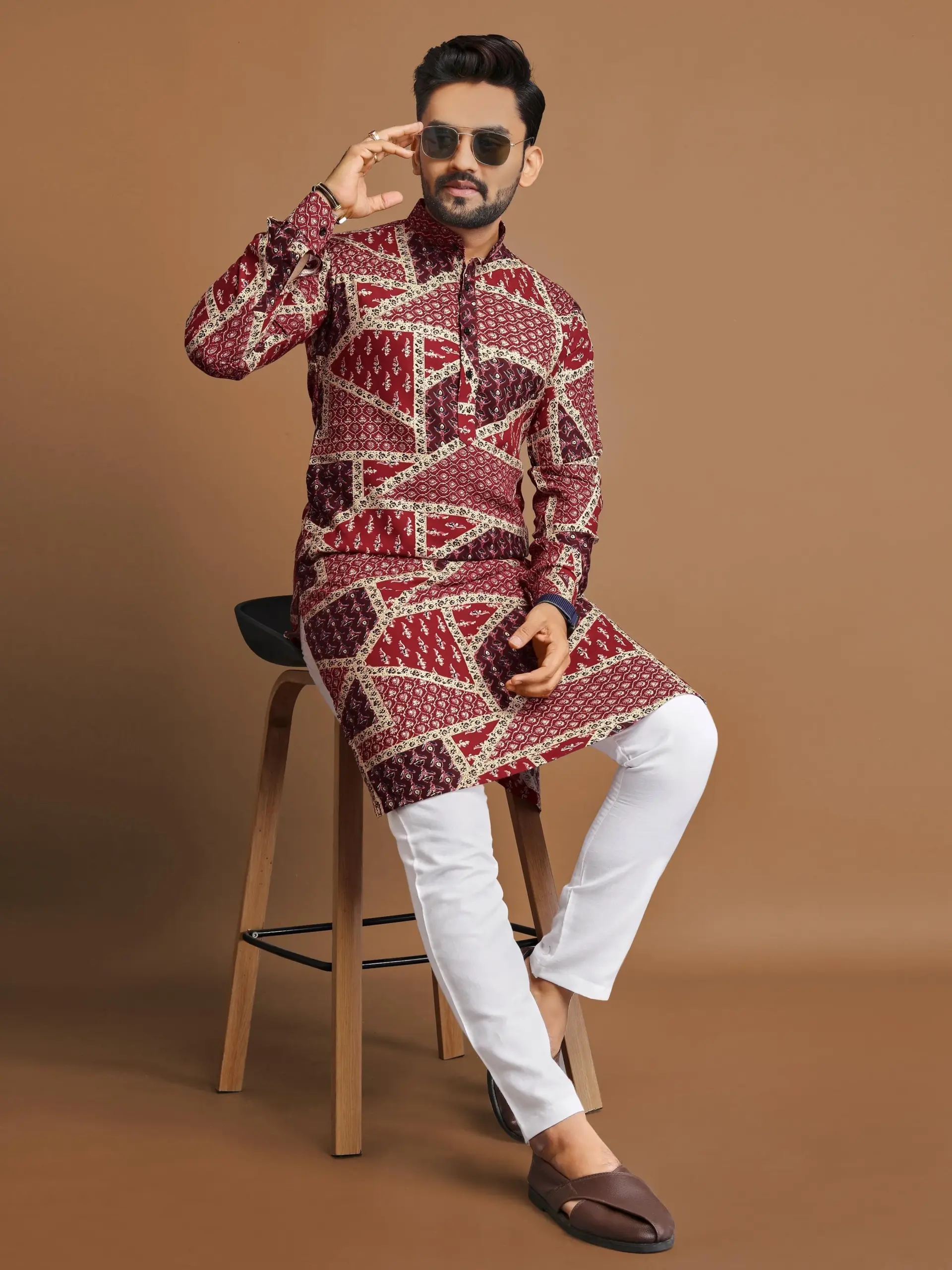 Maroon Cotton Foil Print Men's Kurta Pyjama