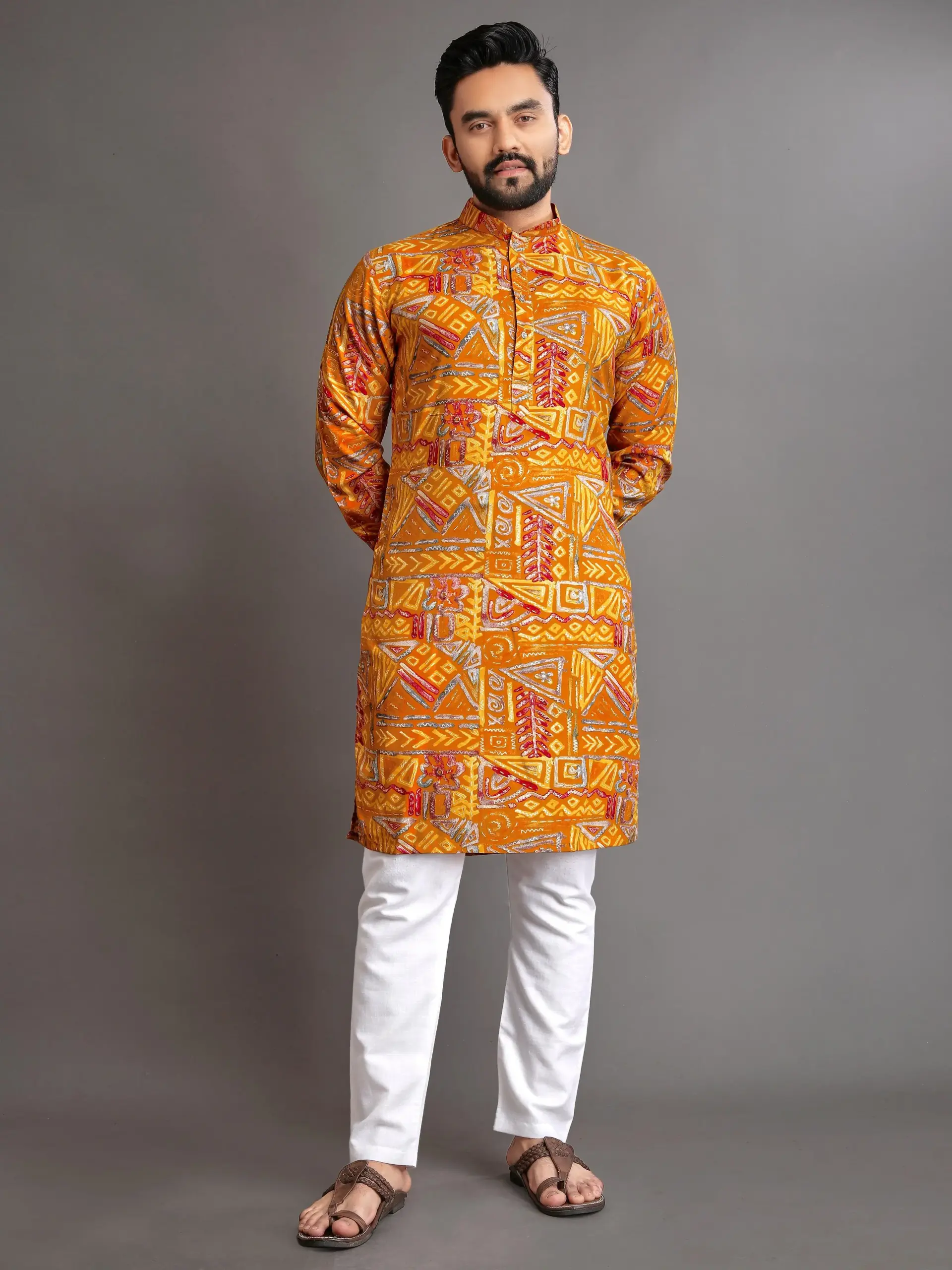 Yellow Cotton Foil Print Men's Kurta Pyjama