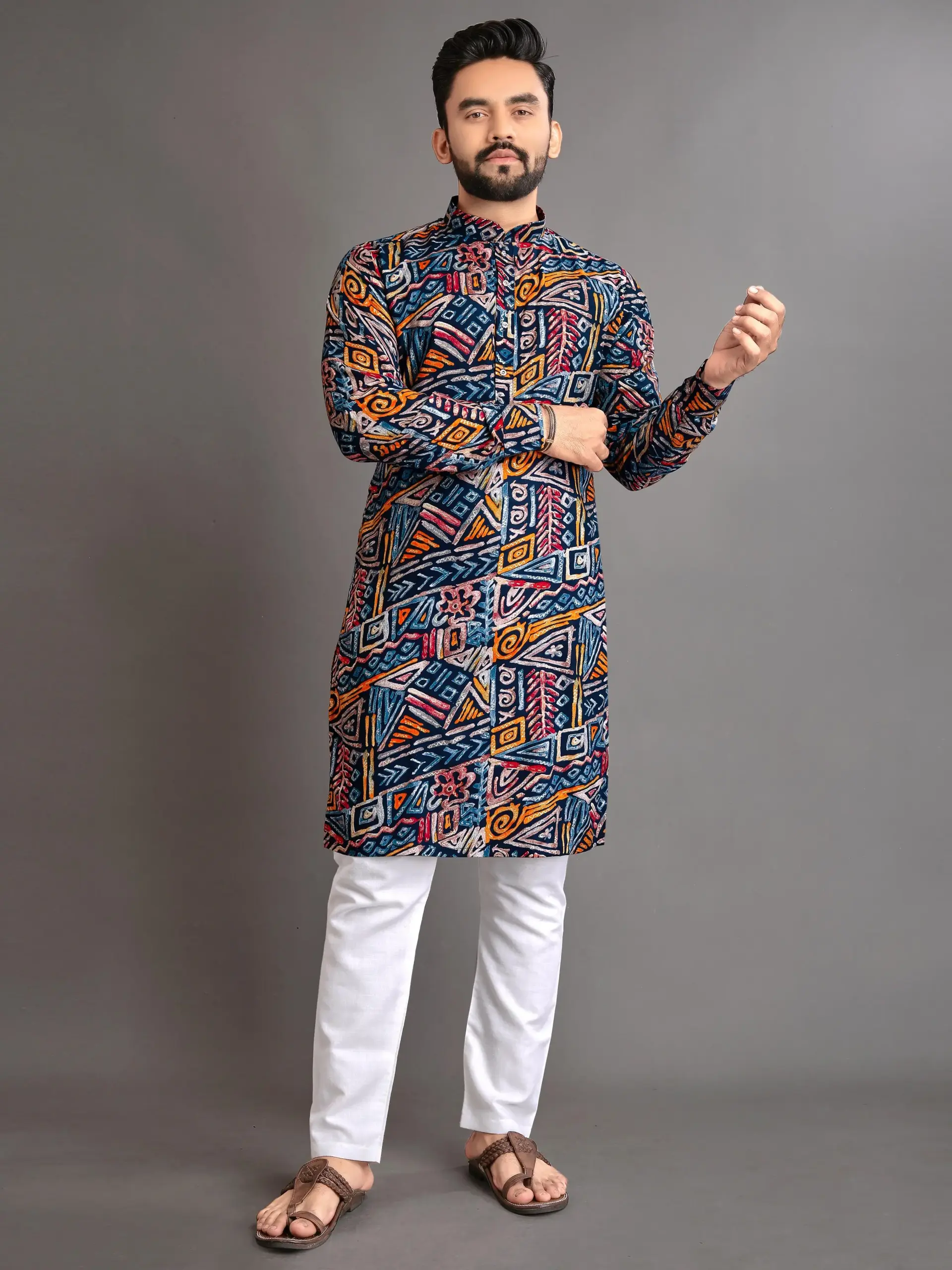 Blue Cotton Foil Print Men's Kurta Pyjama