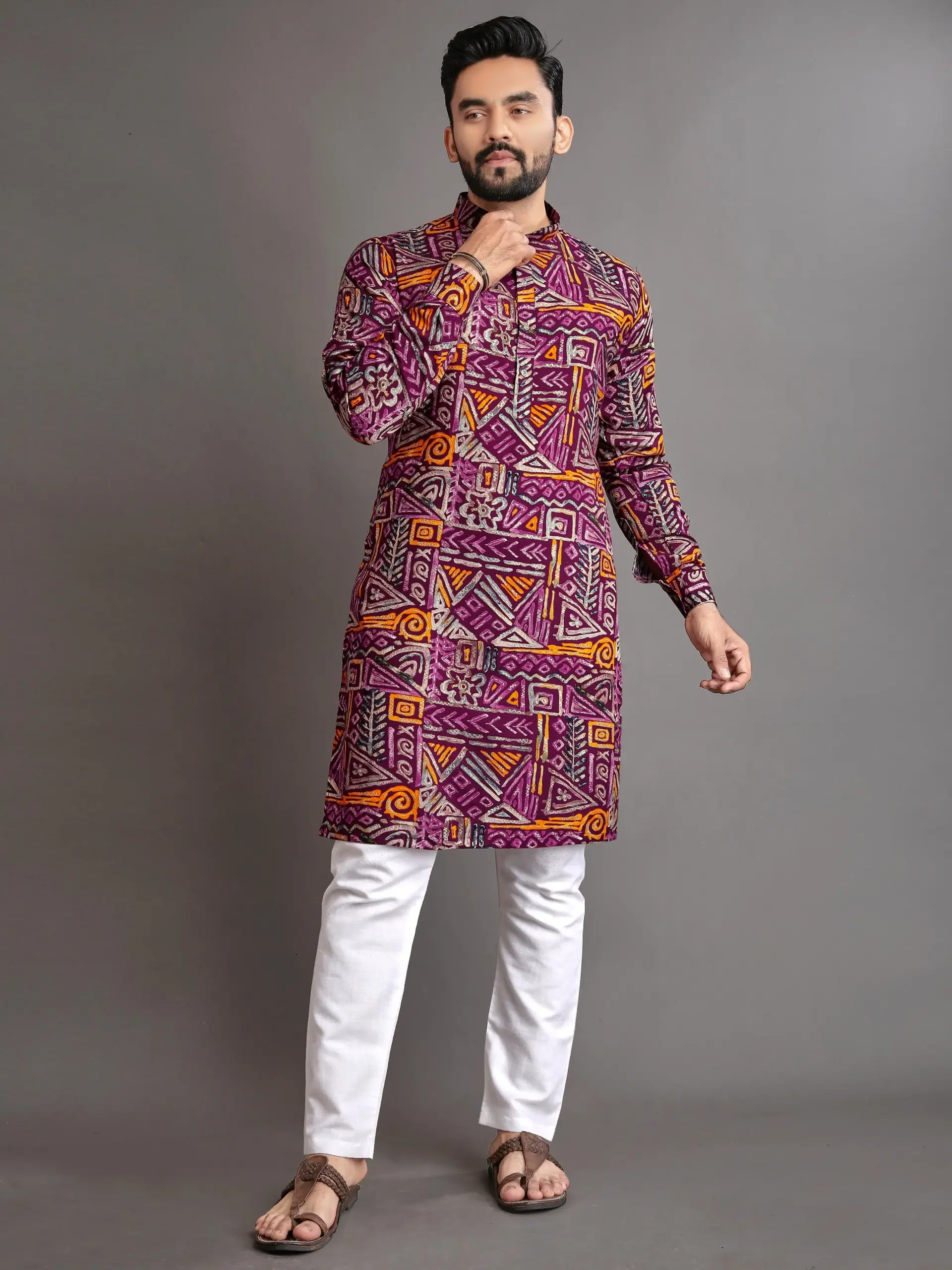 Wine Cotton Foil Print Men's Kurta Pyjama